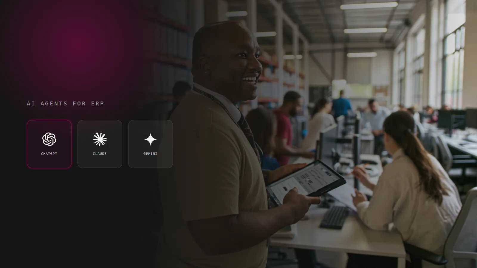 An operations manager with AI tools, illustrating AI agents for ERP