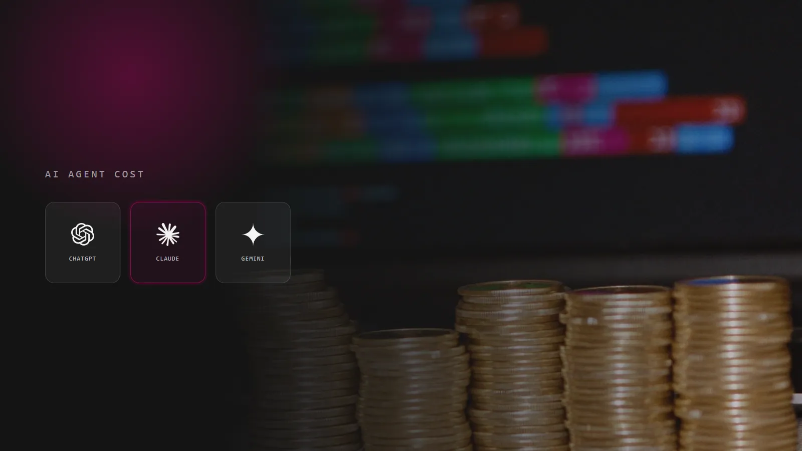 Work with AI tools and stacked coins, representing AI agent development cost