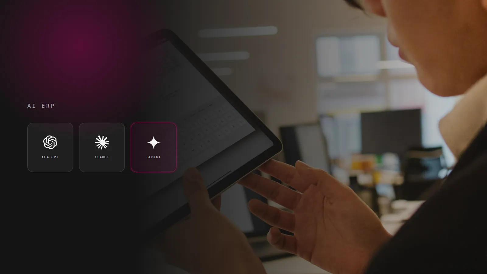 A business professional with AI tools, illustrating what AI ERP is