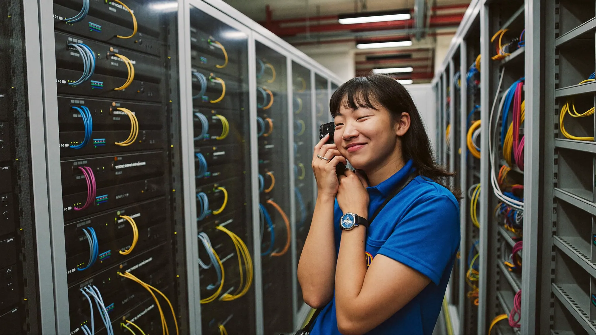Data center technician among colorful server cabling, representing the benefits of cloud migration