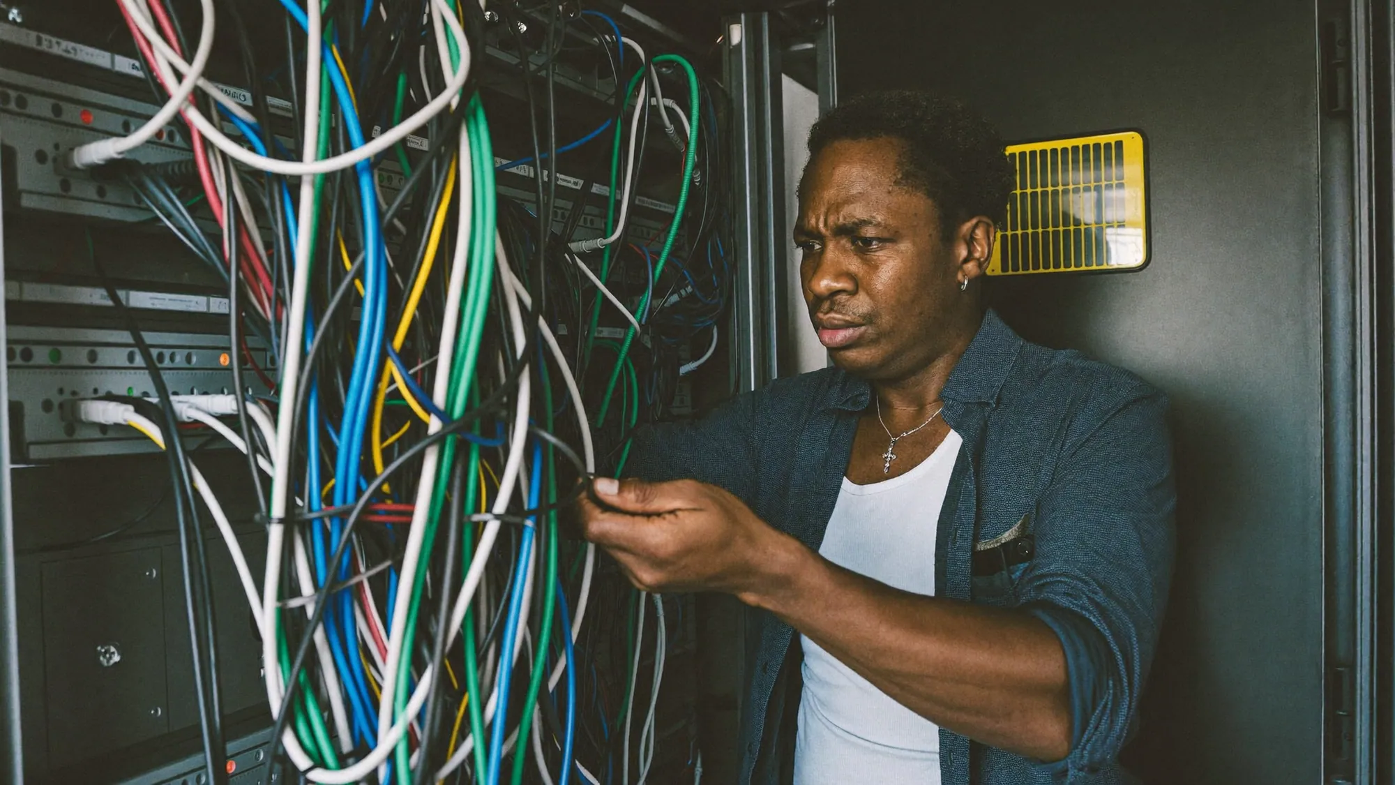 IT engineer untangling network cables in a server room, illustrating cloud migration challenges