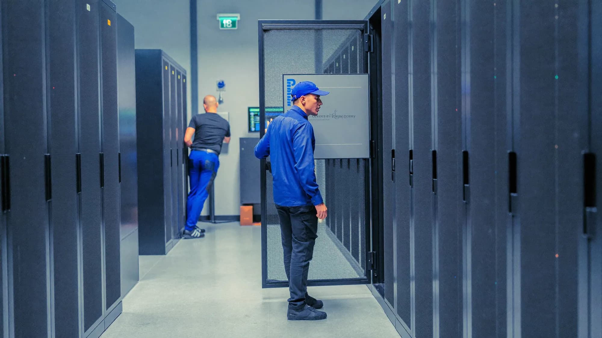 Technician inspecting efficient server racks, representing cloud cost optimization and FinOps