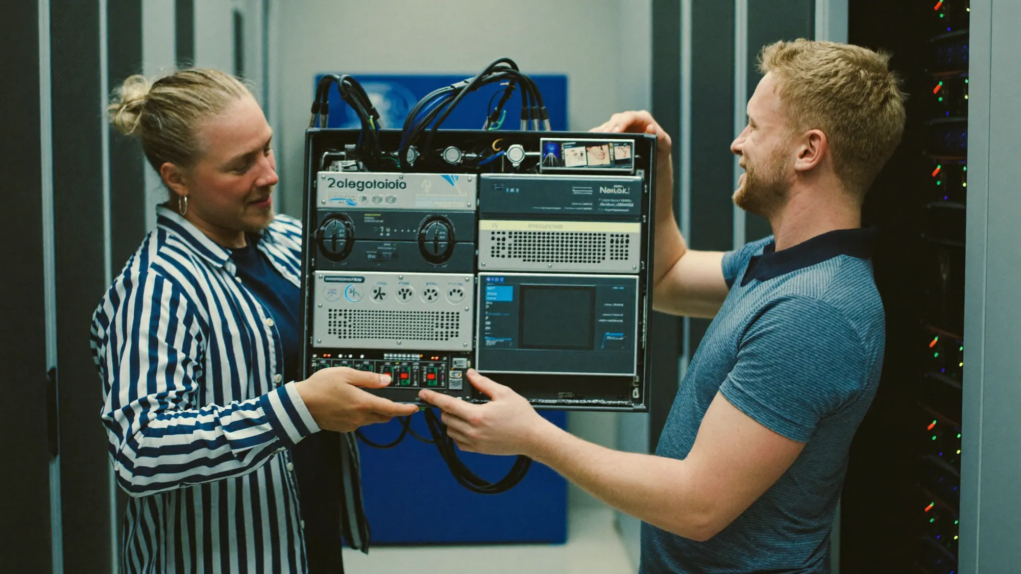 Technicians installing a server into a rack, illustrating lift-and-shift vs re-architecting migration