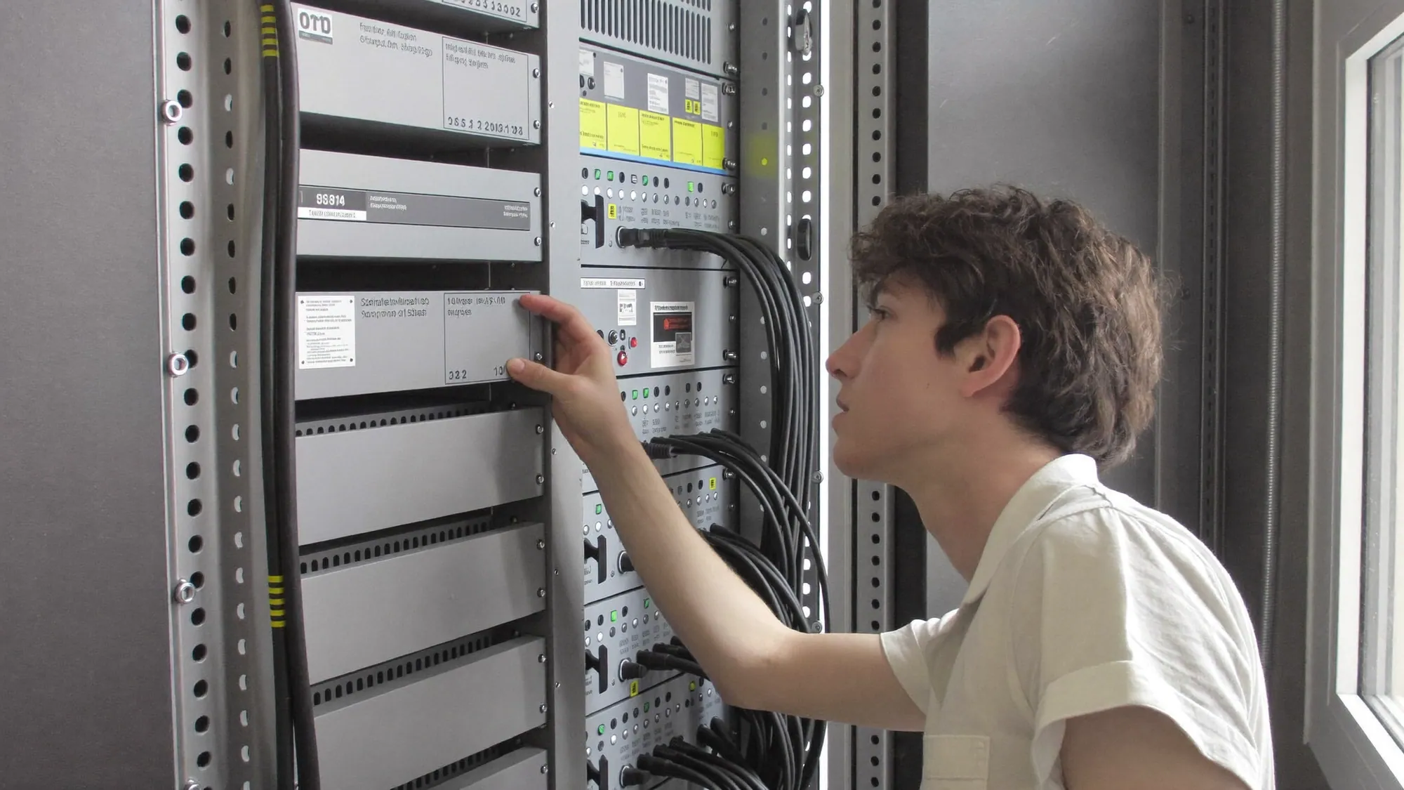 Technician assessing an on-premise server room before an on-premise to cloud migration