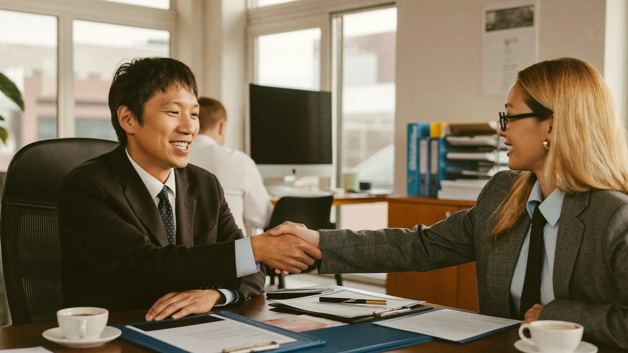 Executives closing a deal with a handshake, representing CRM implementation cost factors