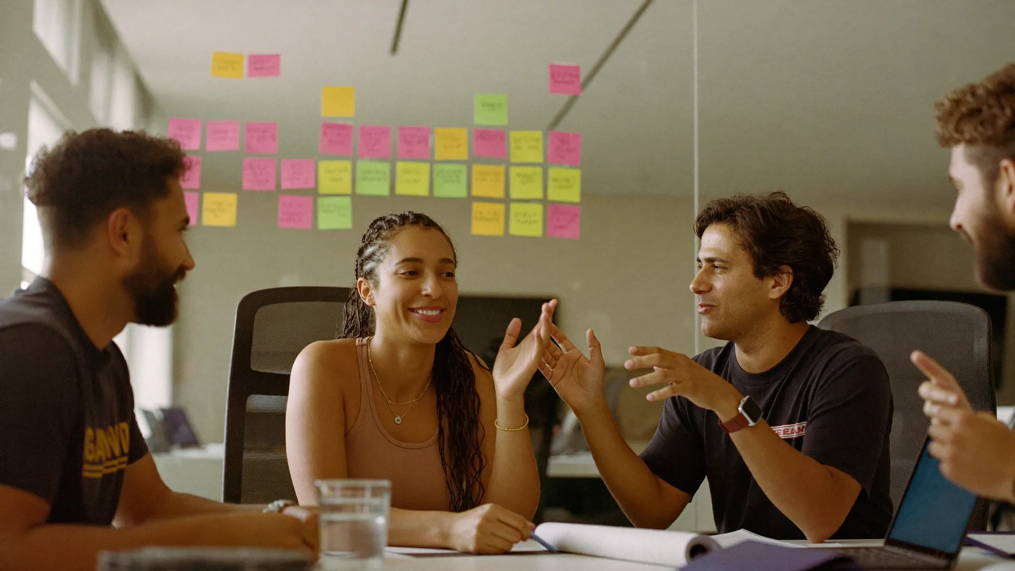 Equipo de ventas latino en una junta de planeación, ilustrando cómo implementar un sistema CRM paso a paso