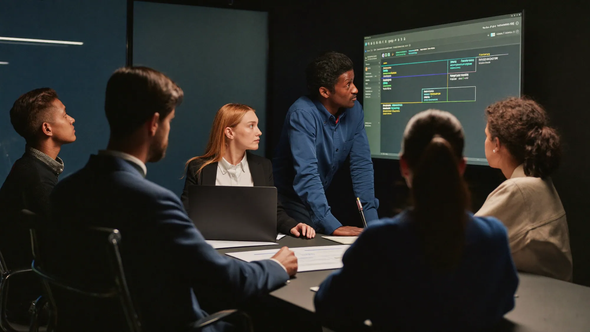 A software team in a sprint planning session, the custom software development process