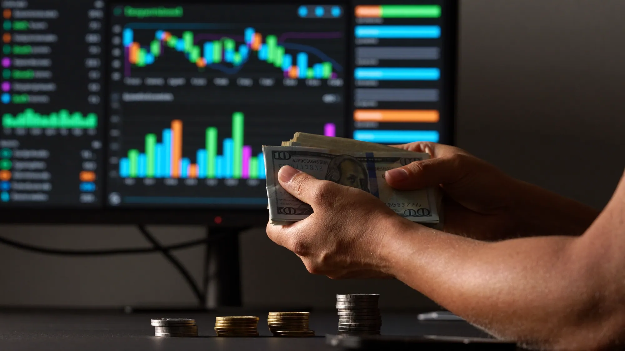A data dashboard with stacked coins, representing data analytics services cost