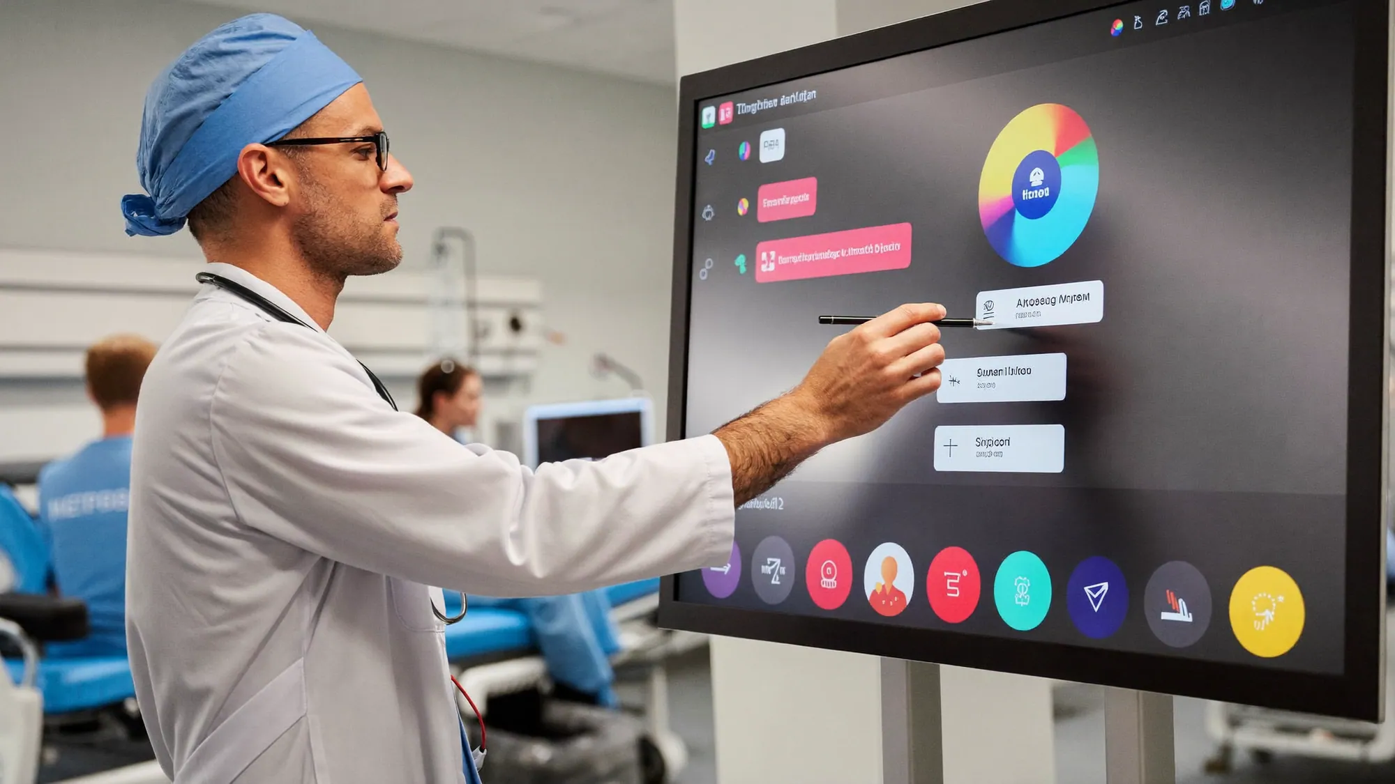 A doctor reviewing a health data dashboard, healthcare data analytics