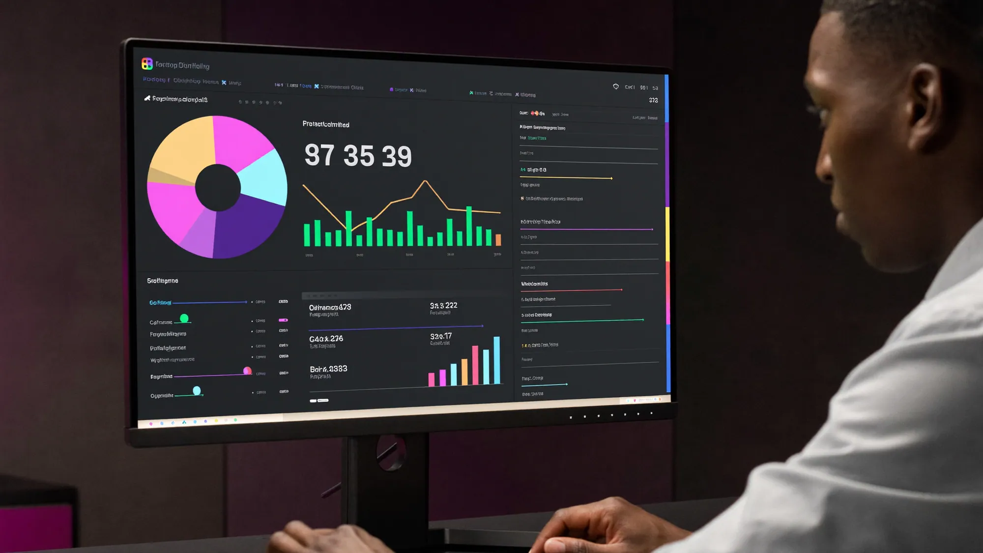 A data analyst studying a dashboard, illustrating what data analytics is