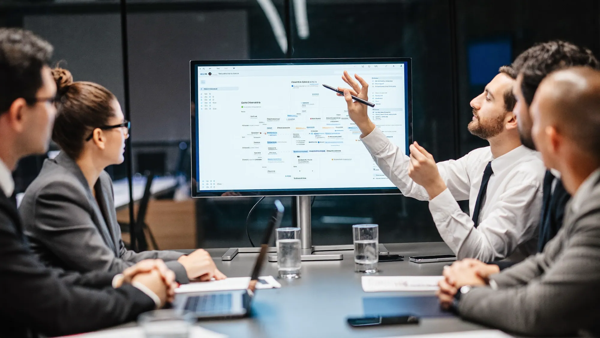 Executives in a strategy meeting with a roadmap, building a digital transformation strategy