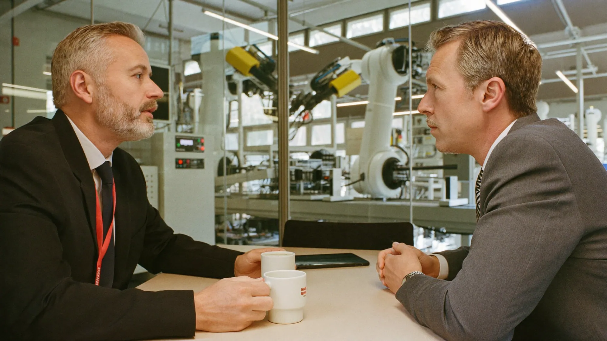 Executives reviewing ERP implementation cost in a glass office overlooking an automated production line