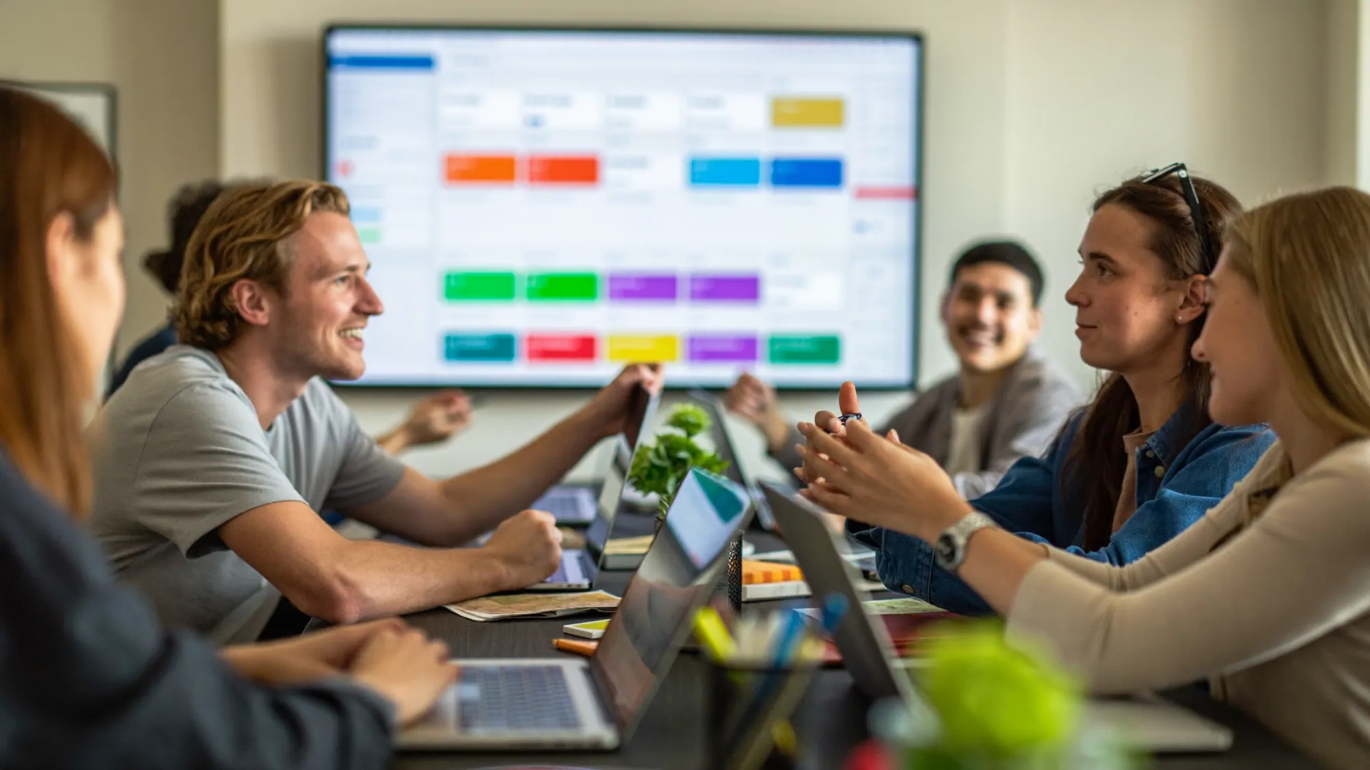 An ERP implementation team reviewing a project dashboard, illustrating the phases of an ERP implementation