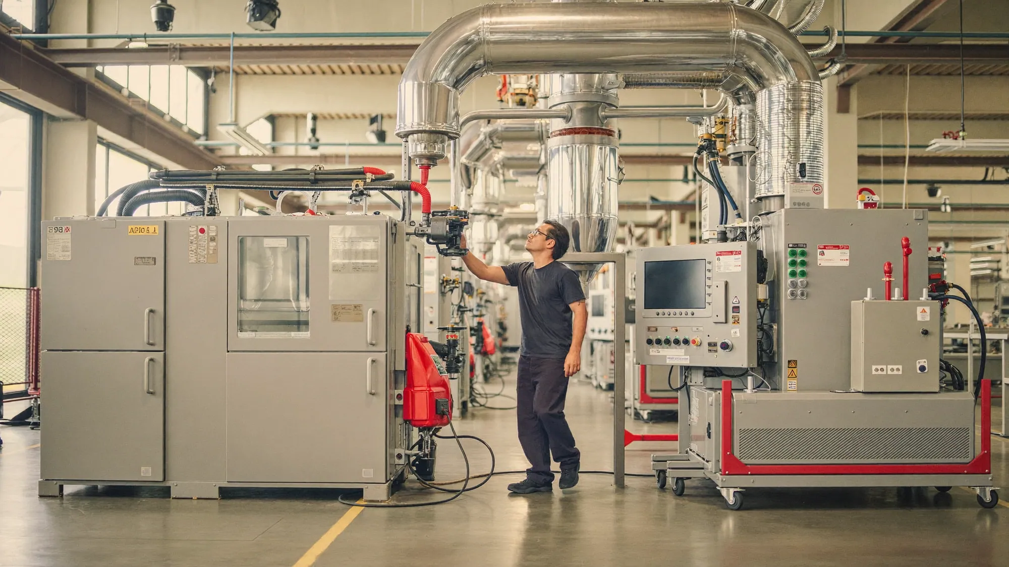 An engineer inspecting connected industrial machinery on a factory floor, real-world industrial IoT applications