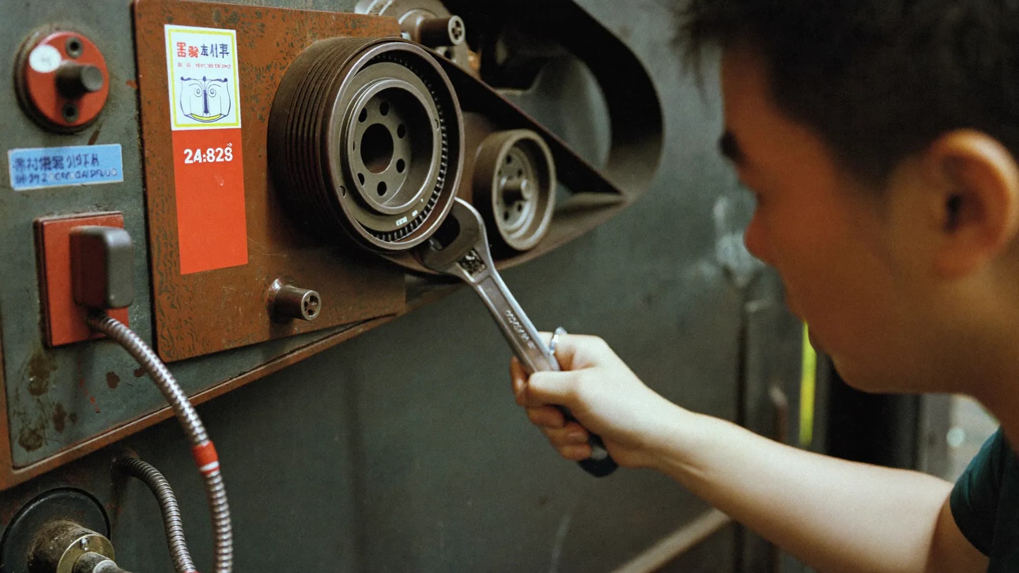 A technician inspecting machine belts with a wrench, IoT predictive maintenance