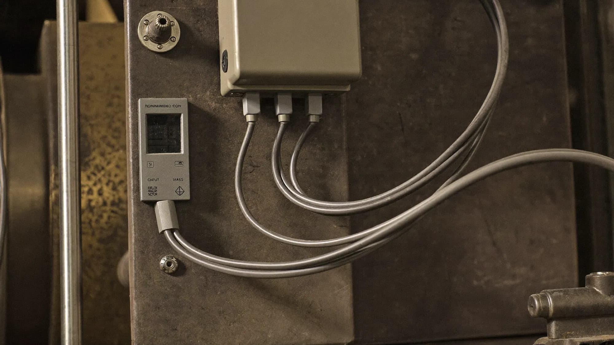 Un sensor industrial robusto con cableado sobre maquinaria de fábrica, ilustrando IIoT vs IoT