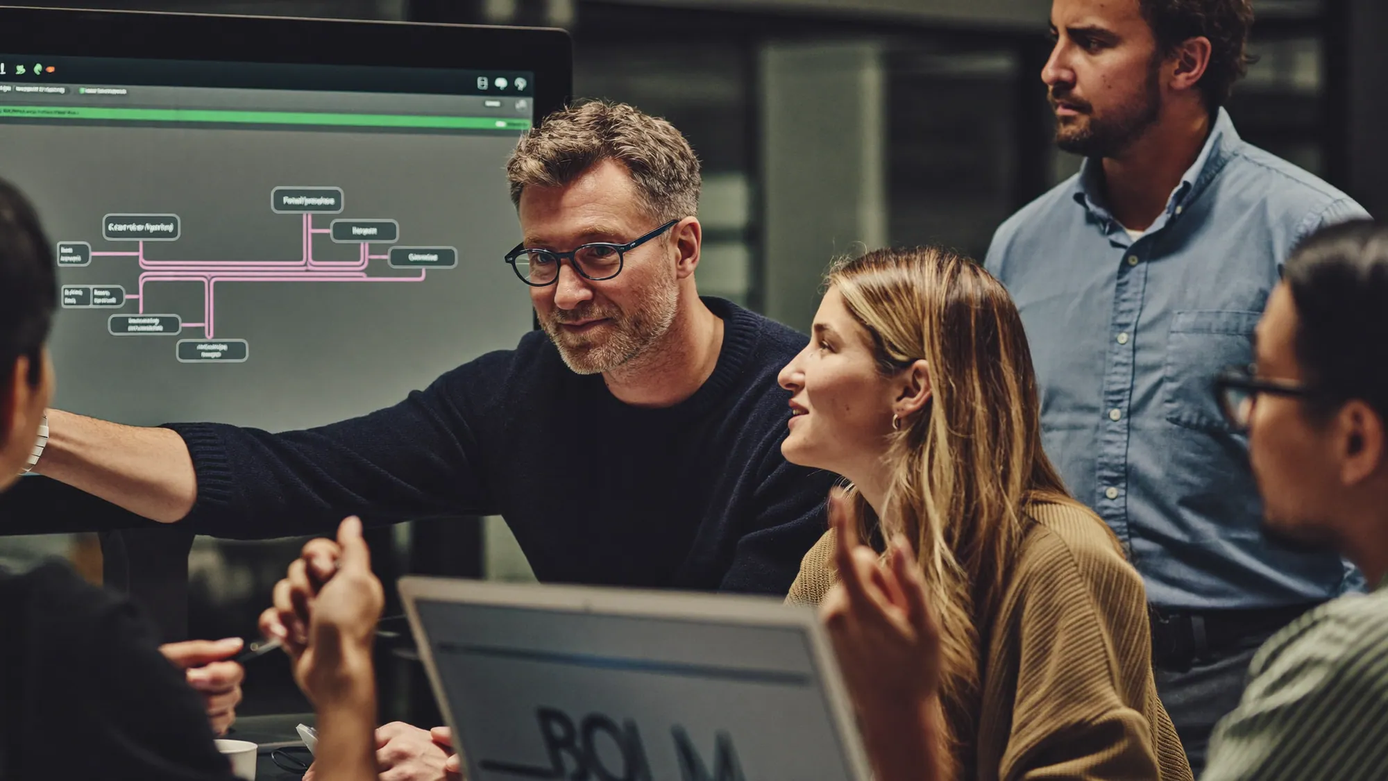 An IT team discussing approaches, the 7 Rs of legacy modernization