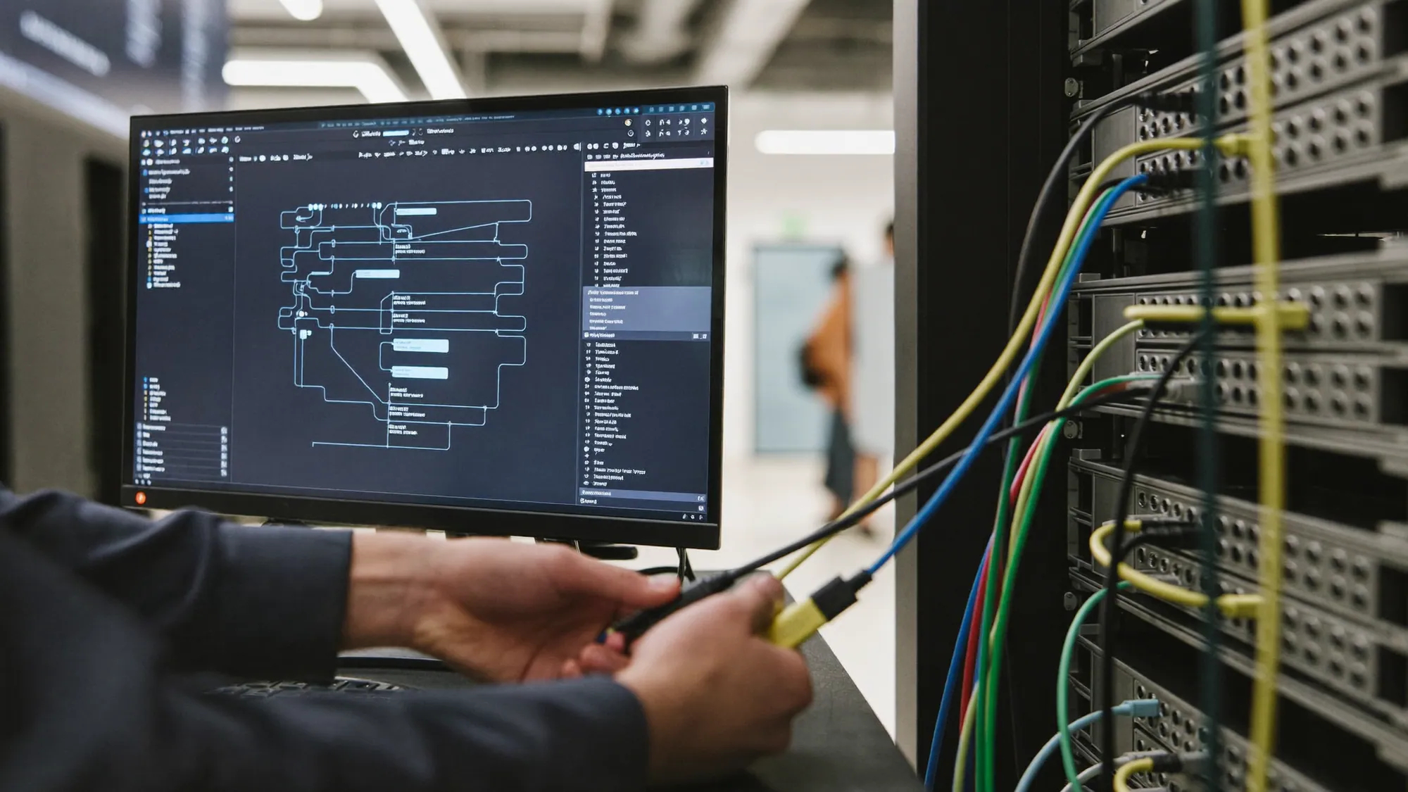 An engineer connecting systems with an integration diagram, how to integrate legacy systems with modern platforms