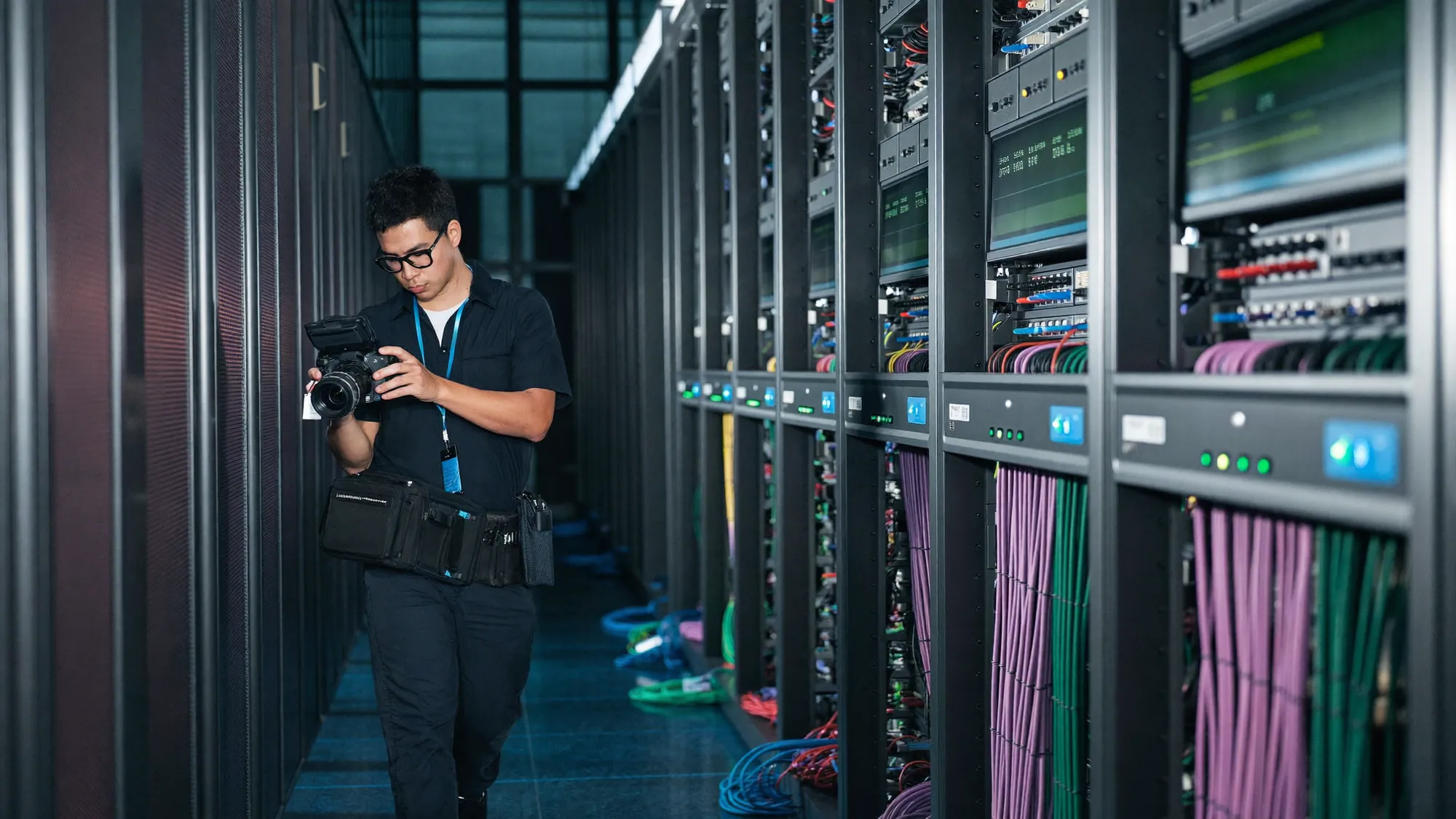 An IT engineer in a data center aisle, modernize vs rebuild a legacy system