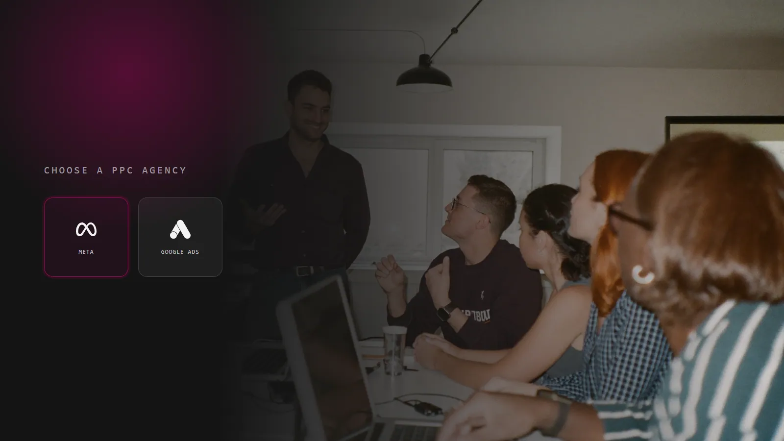 A PPC agency team pitching with Meta and Google Ads, illustrating how to choose a PPC agency