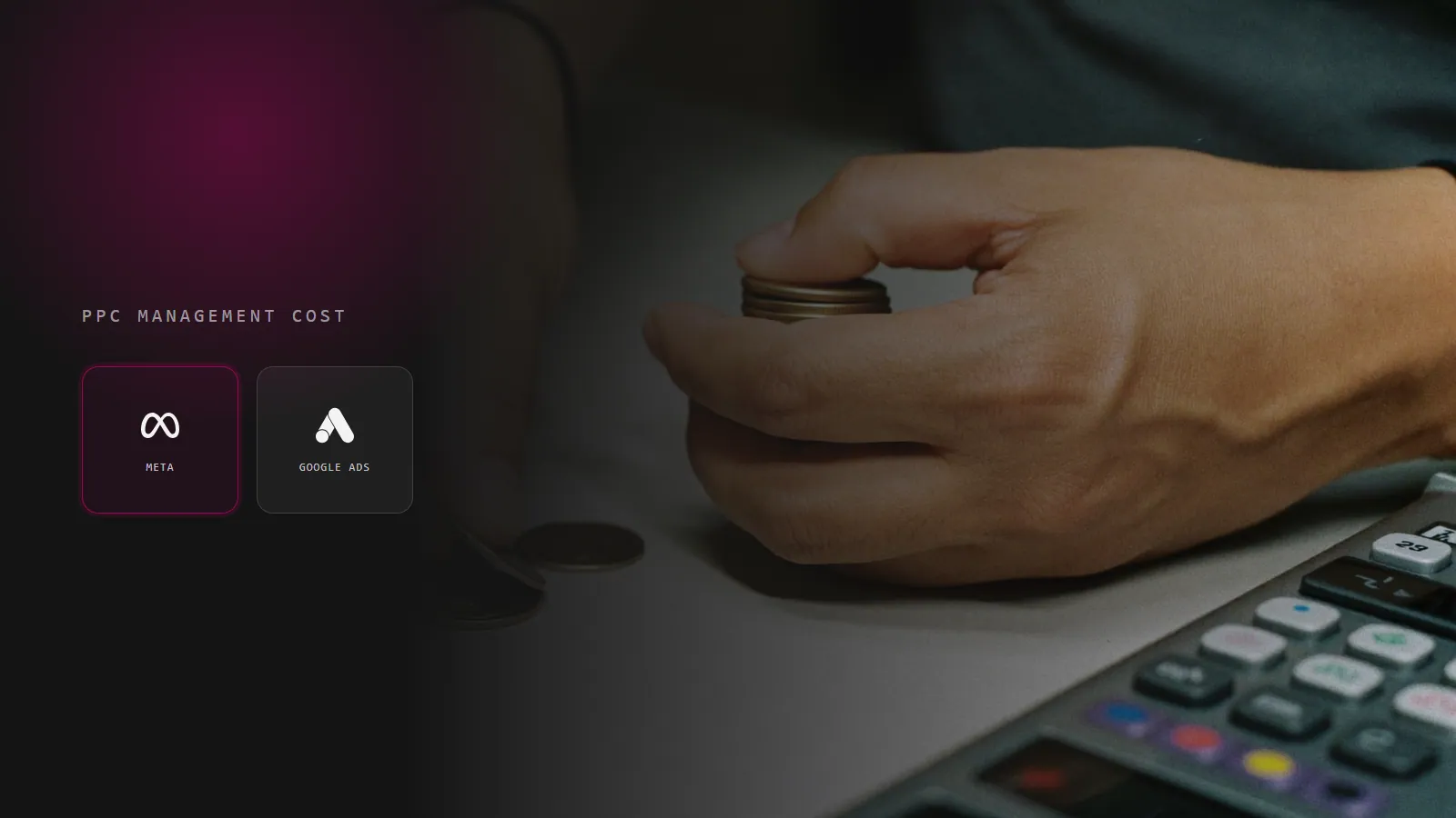 Hands with coins beside Meta and Google Ads logos, representing PPC management cost