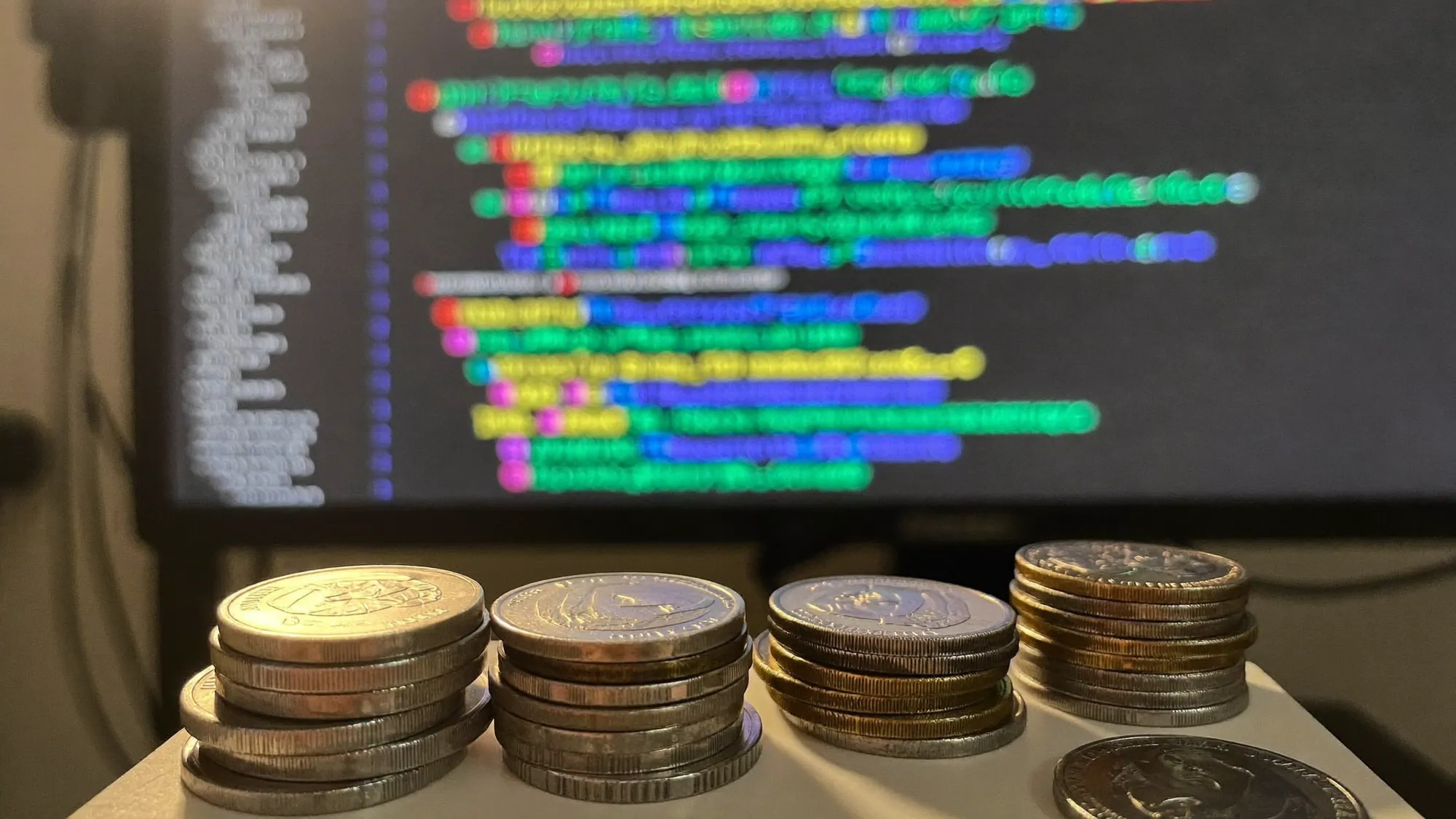 Monedas apiladas frente a una pantalla con código, representando el costo de un sitio web a la medida
