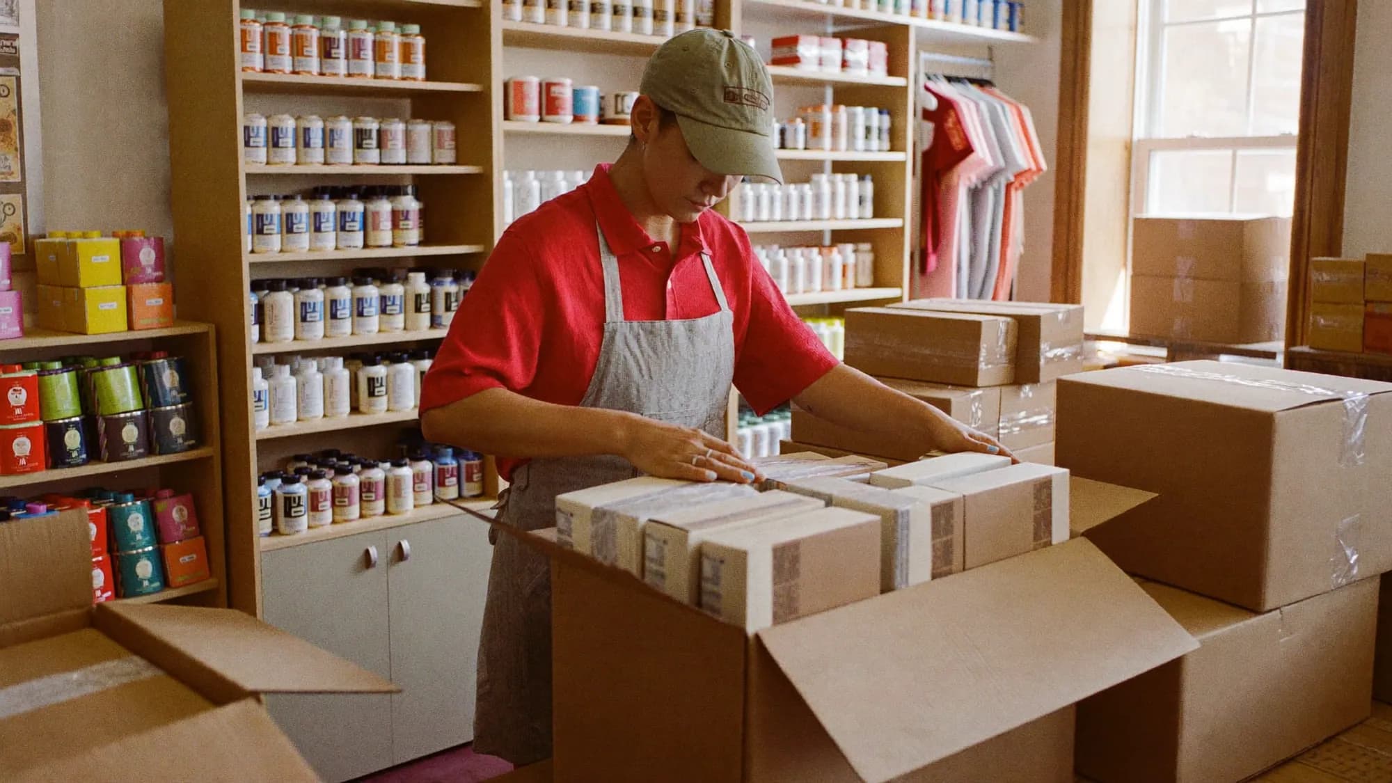 Small business owner packing online orders in a shop, illustrating ecommerce SEO for product pages