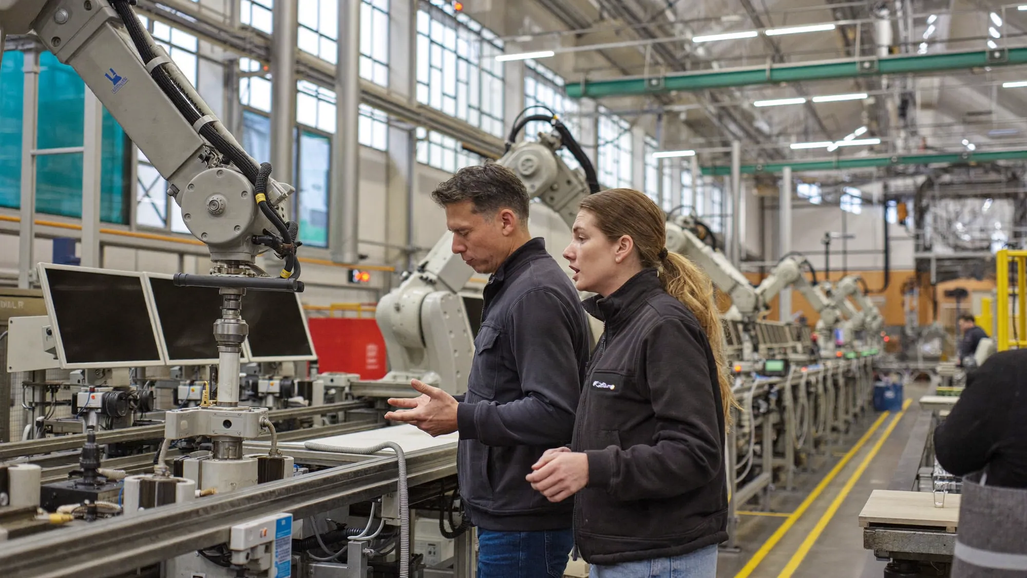 Operators beside a halted automated production line, showing why ERP implementations fail
