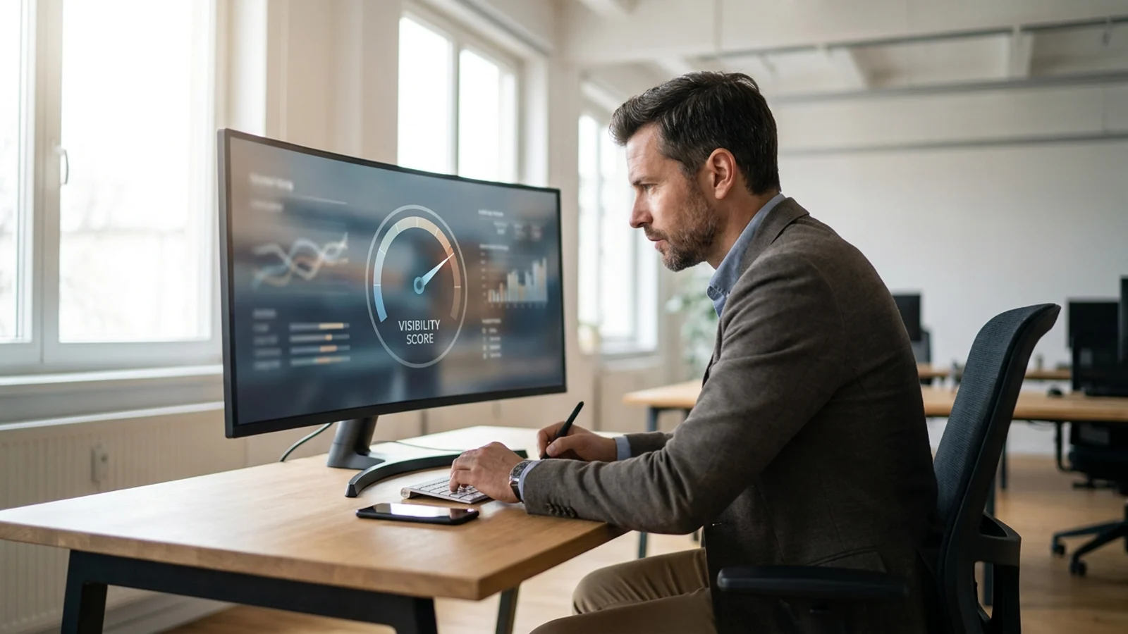A professional reviews a business's AI search visibility score on a monitor