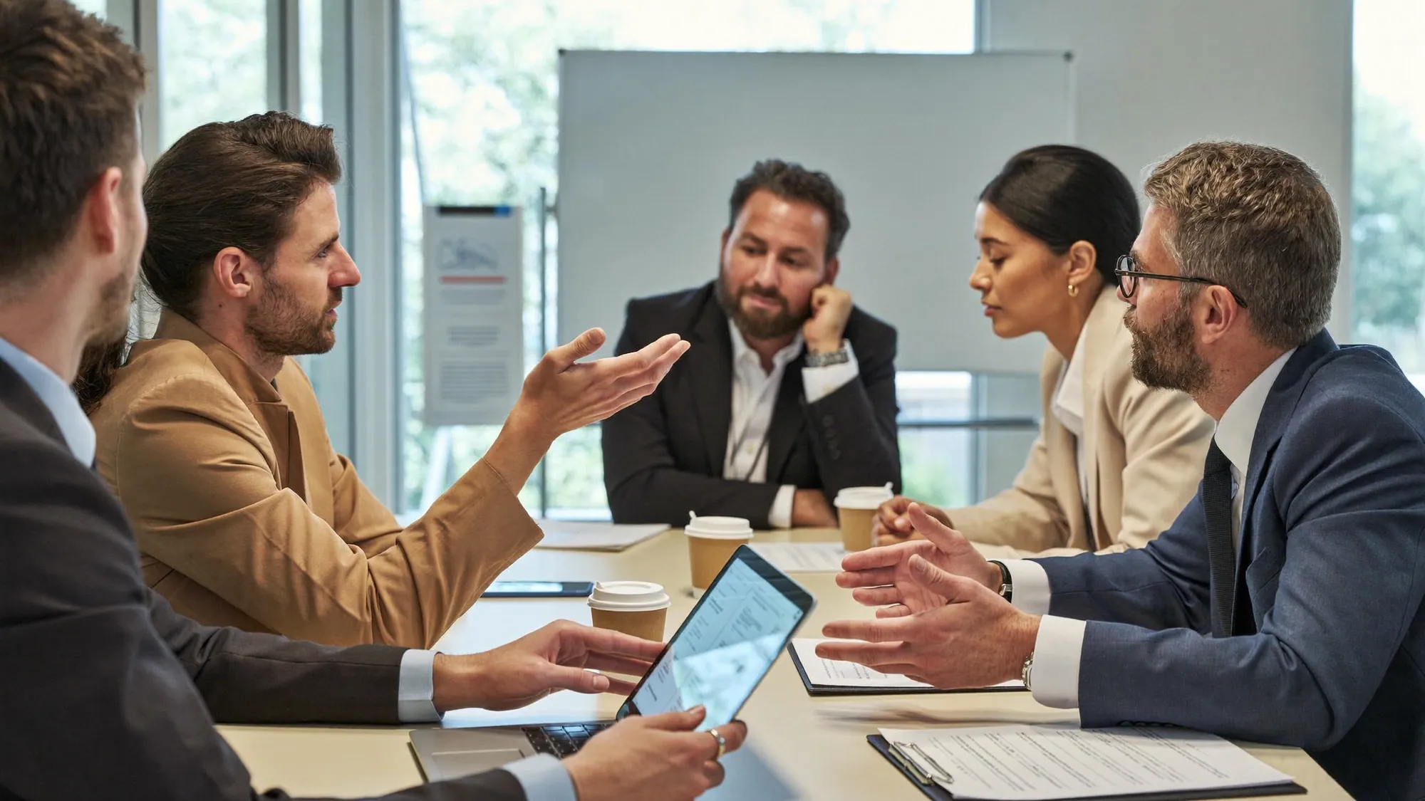 Executives in a focused strategy workshop discussion mapping out a digital transformation roadmap