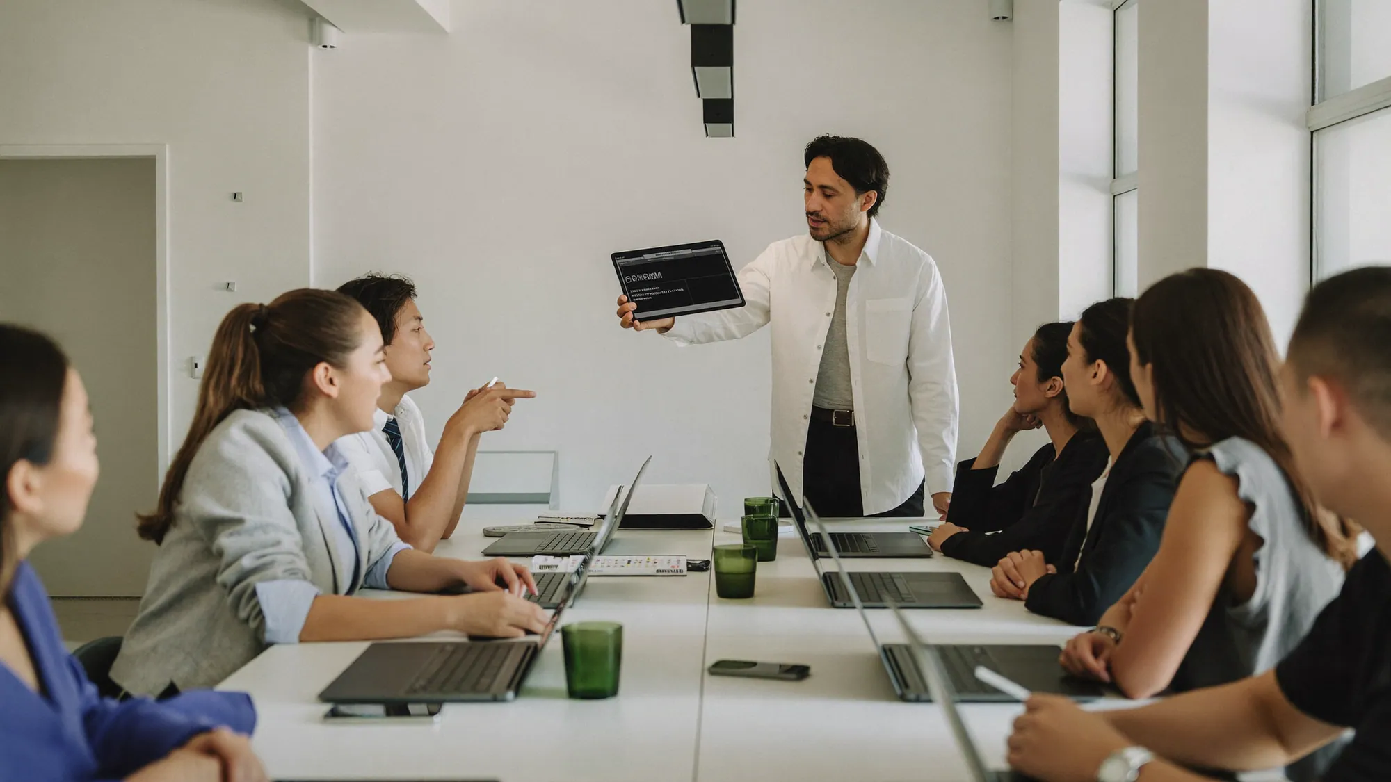 A consultant leading a hands-on CRM training workshop with an engaged sales team during rollout