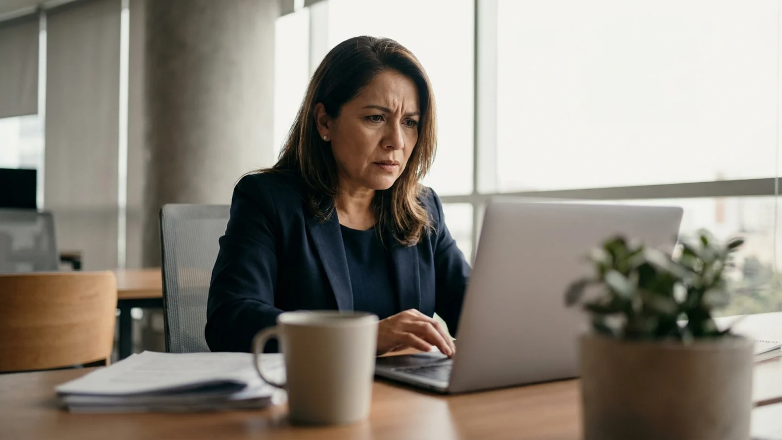 A business owner checks on her laptop whether her company shows up in AI search, with a concerned expression