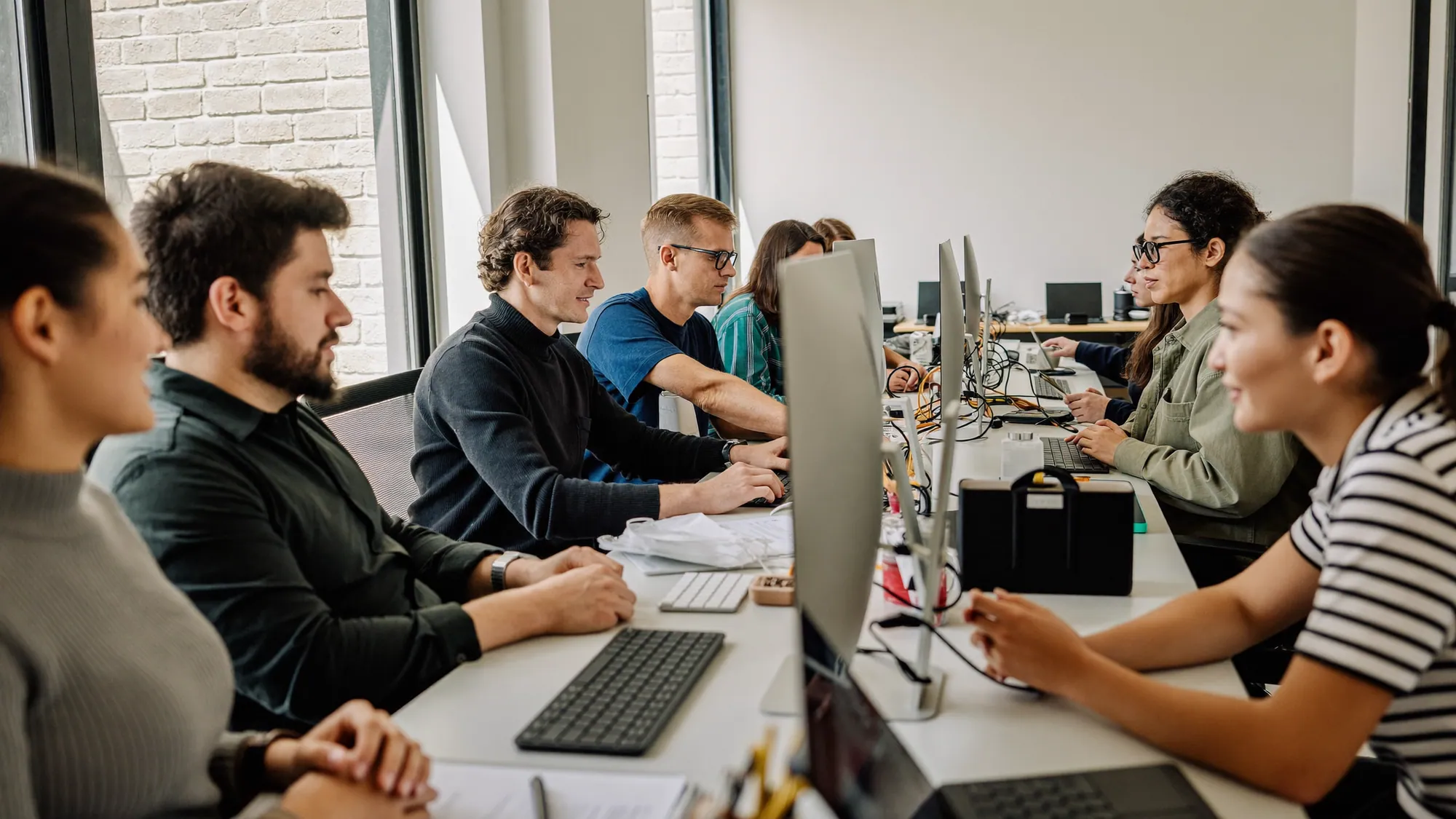 Diverse nearshore software development team collaborating in a bright modern office during shared US business hours