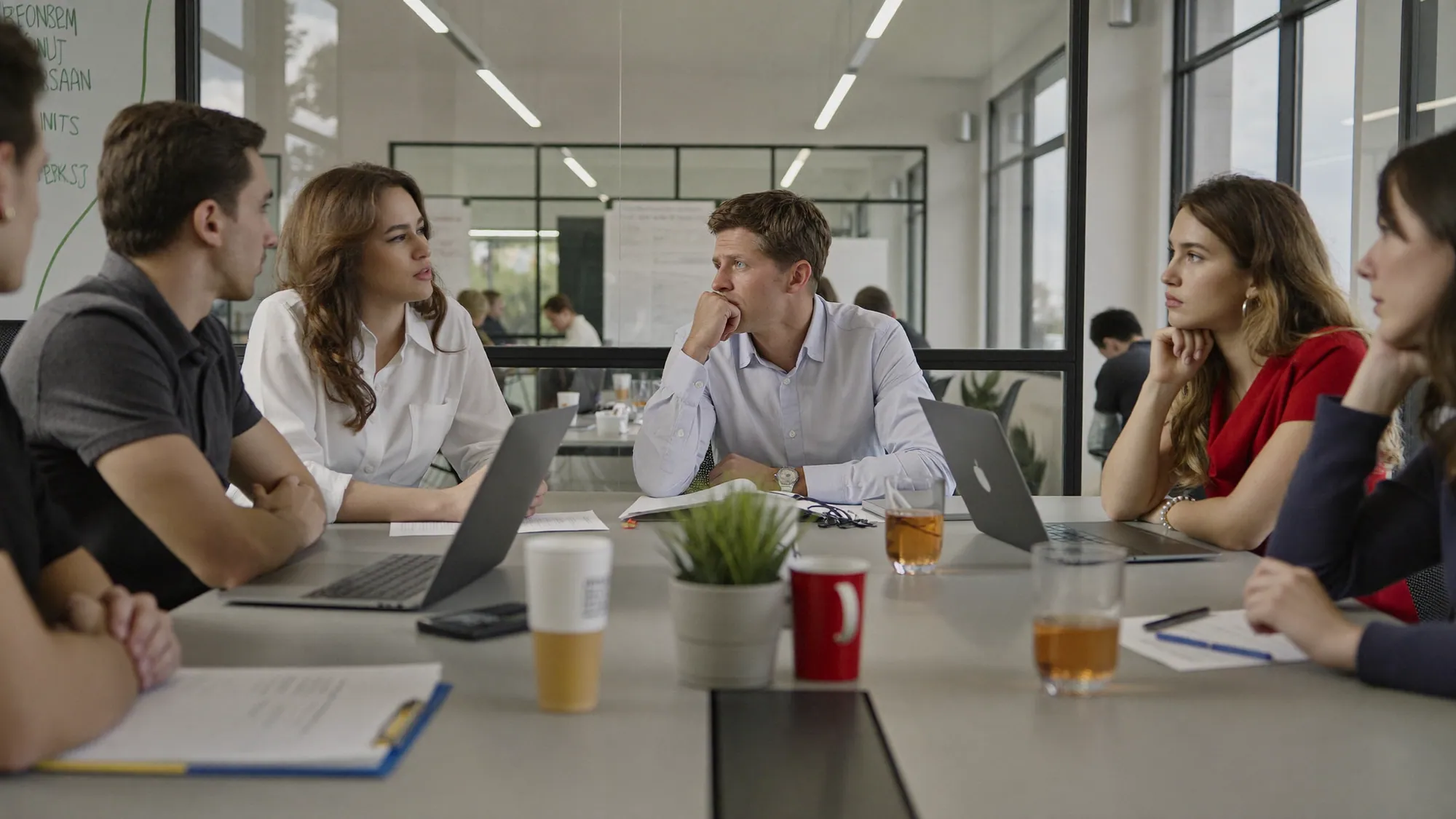 A sales team in a serious workshop discussion reviewing CRM adoption and how they actually sell