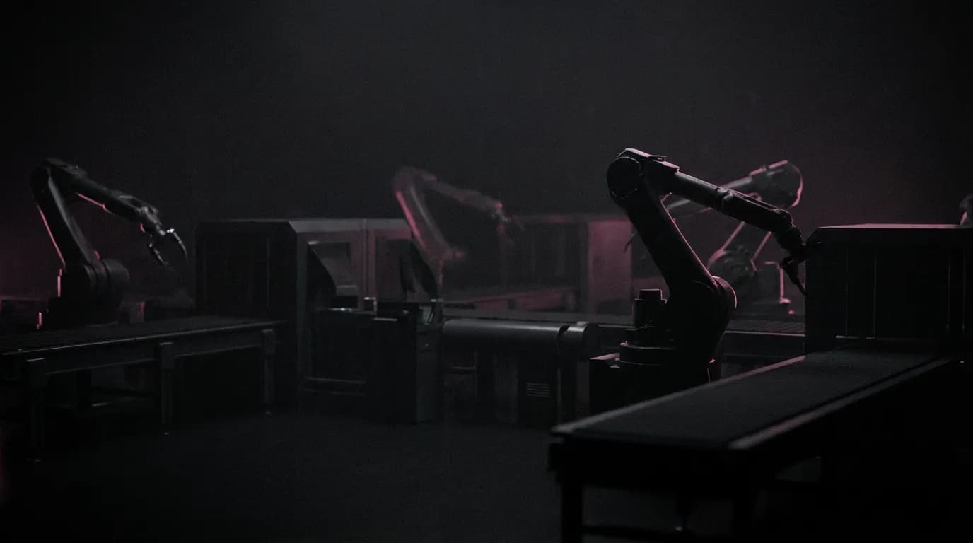 Automated production line with robotic arms in a dark factory