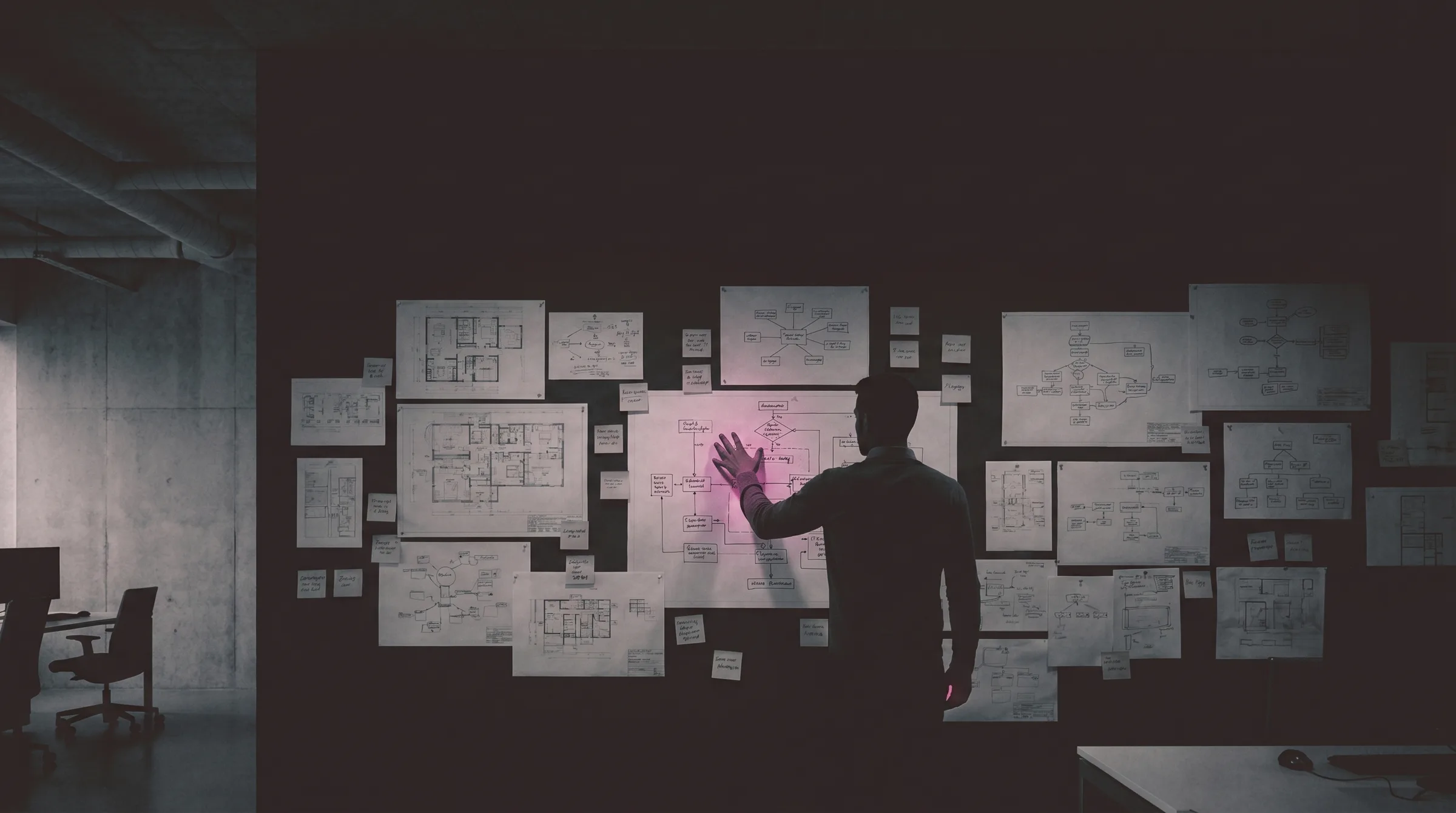 Discover — mapping a system across a wall of diagrams and plans