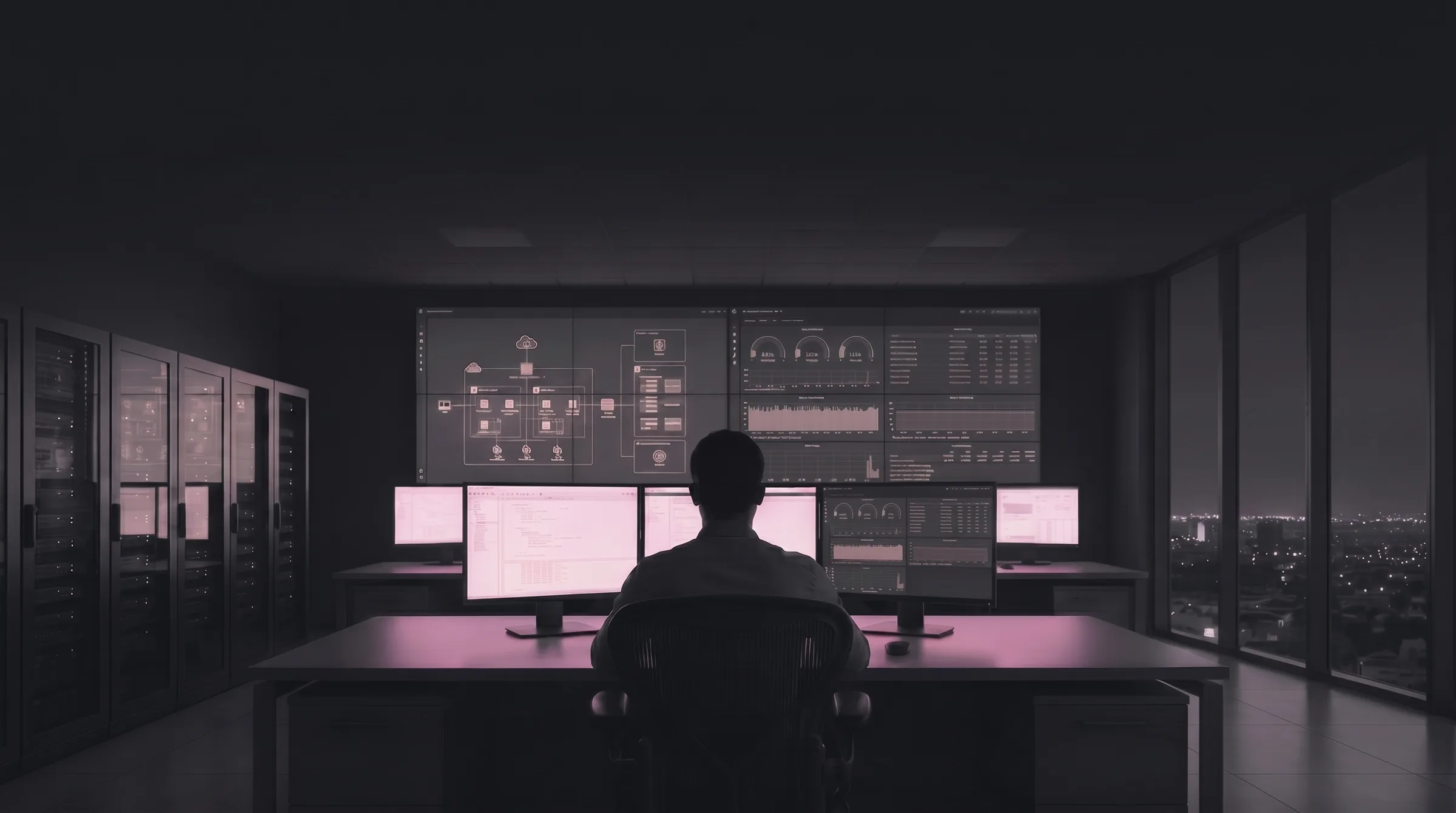 Cloud infrastructure and DevOps engineer in a network operations center overlooking the city skyline