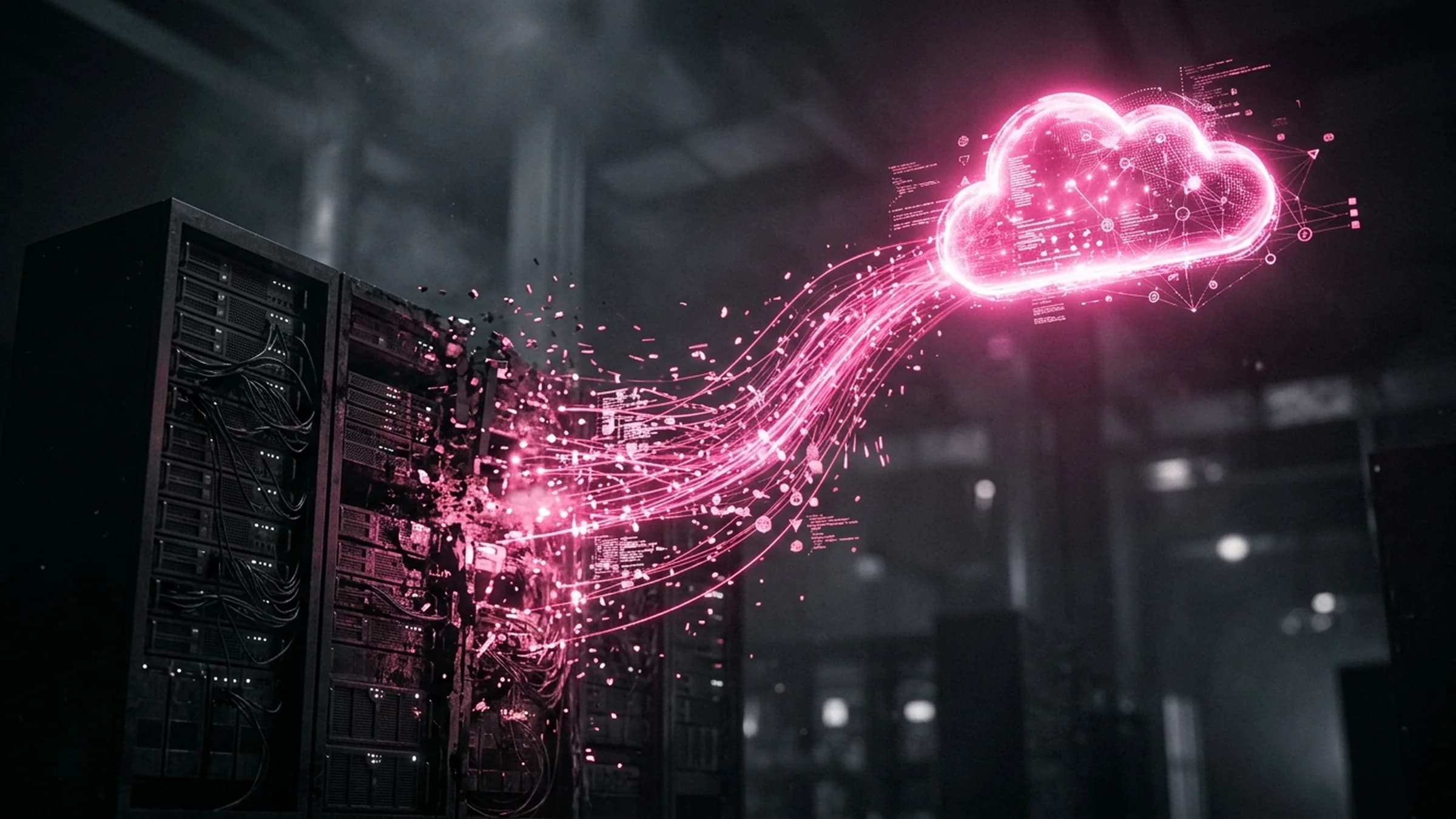 A cloud migration in motion — an on-premise server rack dissolving into rosa data streams rising into the cloud