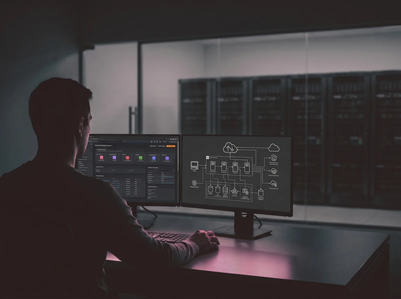 A cloud engineer mapping services and databases to the cloud across an infrastructure console and an architecture diagram