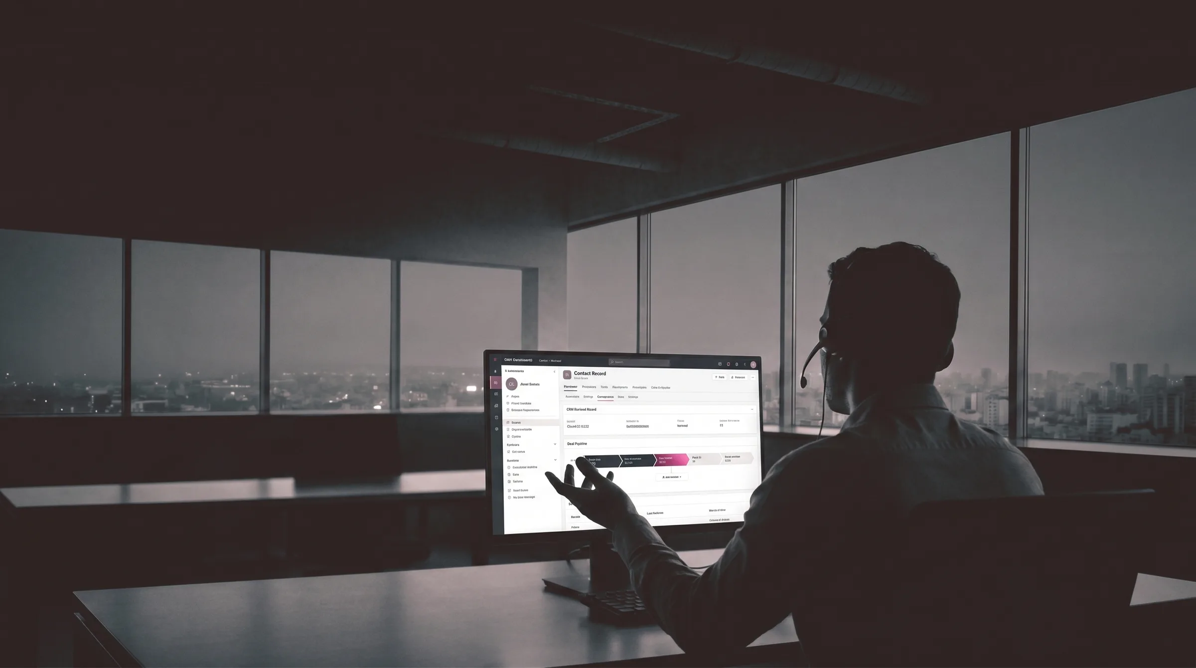 A sales agent on a call with a client, a CRM contact record and deal pipeline open on screen