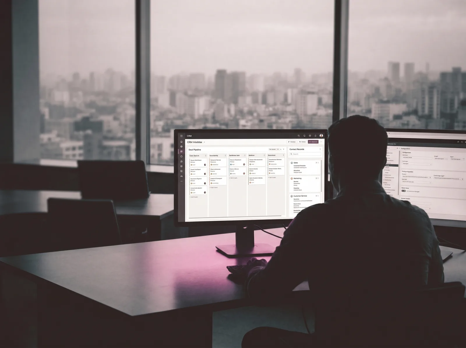 A consultant configuring a CRM — a deal pipeline and contact records unified into one customer view
