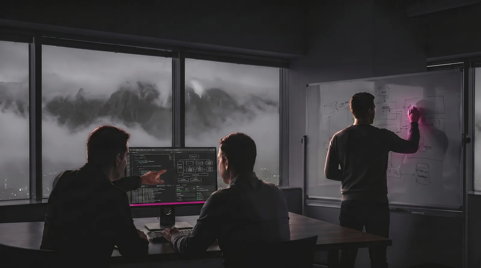 A senior engineering team building custom software — code, terminal and architecture on screen, La M de Chipinque through the window