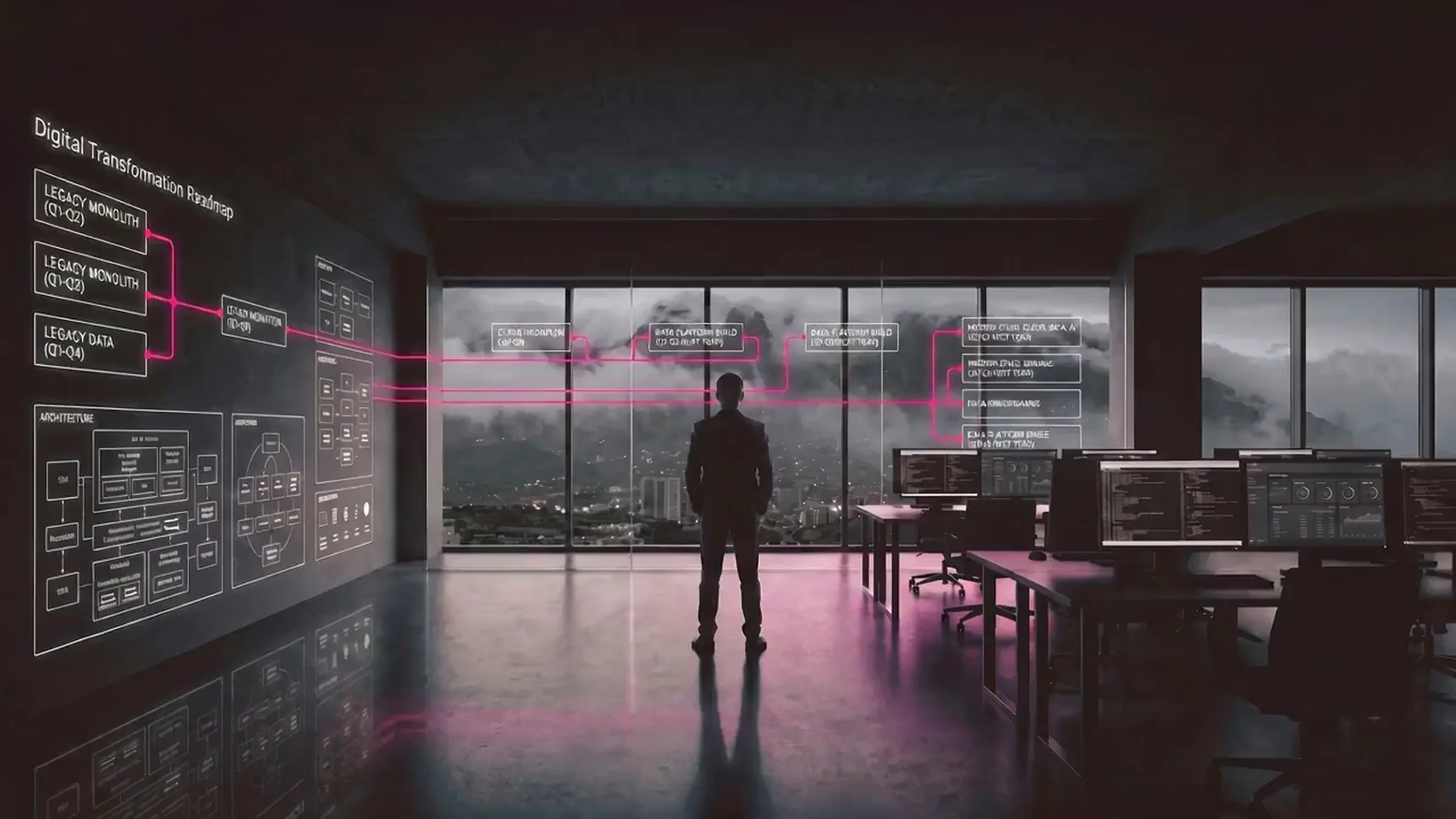 A strategist before a glowing digital transformation roadmap — a legacy monolith modernizing into a connected cloud, data, and AI stack, with the Monterrey skyline at night