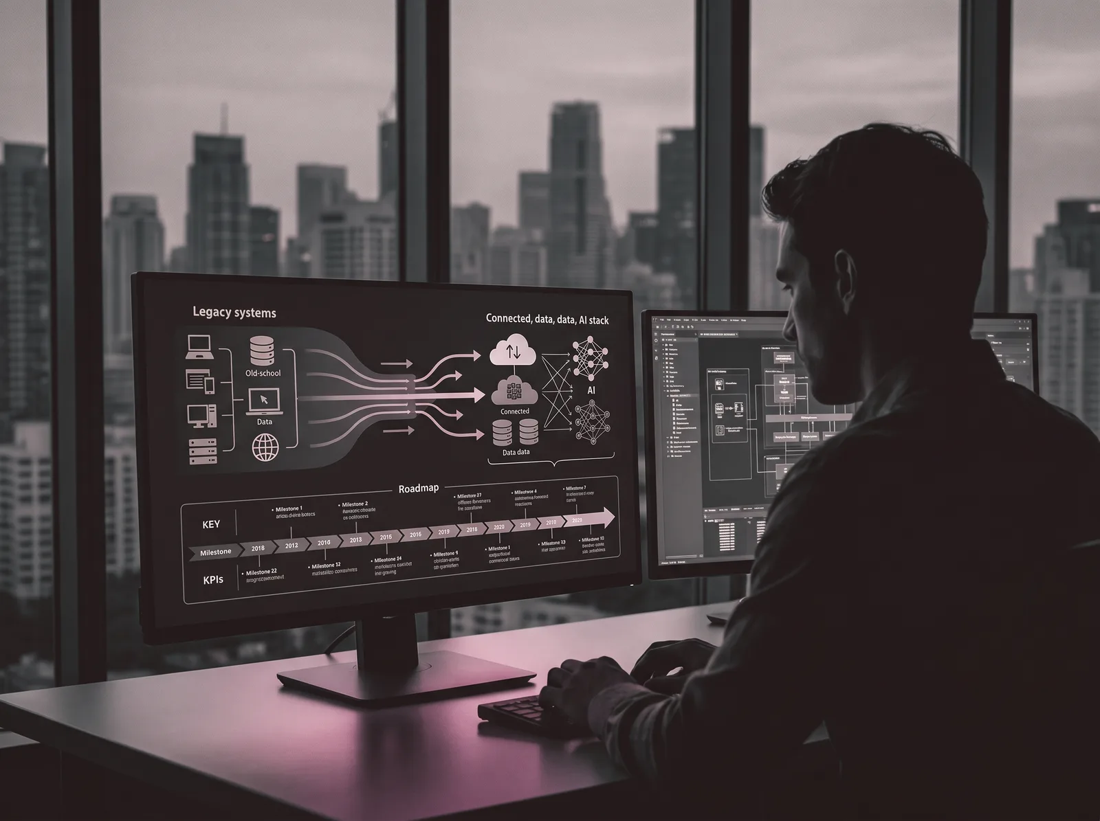 A strategist mapping a transformation — legacy systems modernizing into a connected cloud, data, and AI stack, with a roadmap