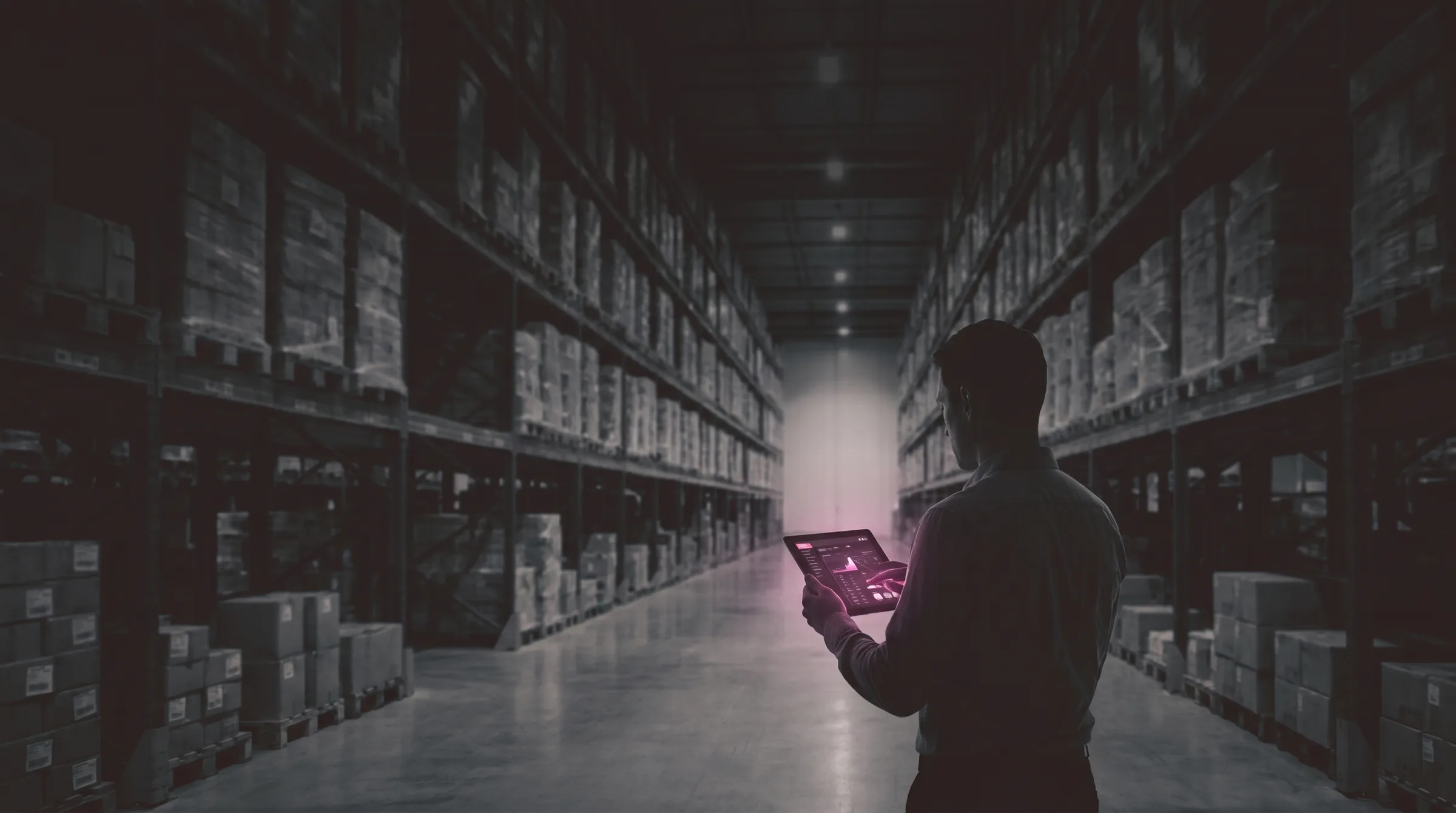 An operations manager reviewing an ERP inventory and supply-chain dashboard on a tablet in a distribution warehouse