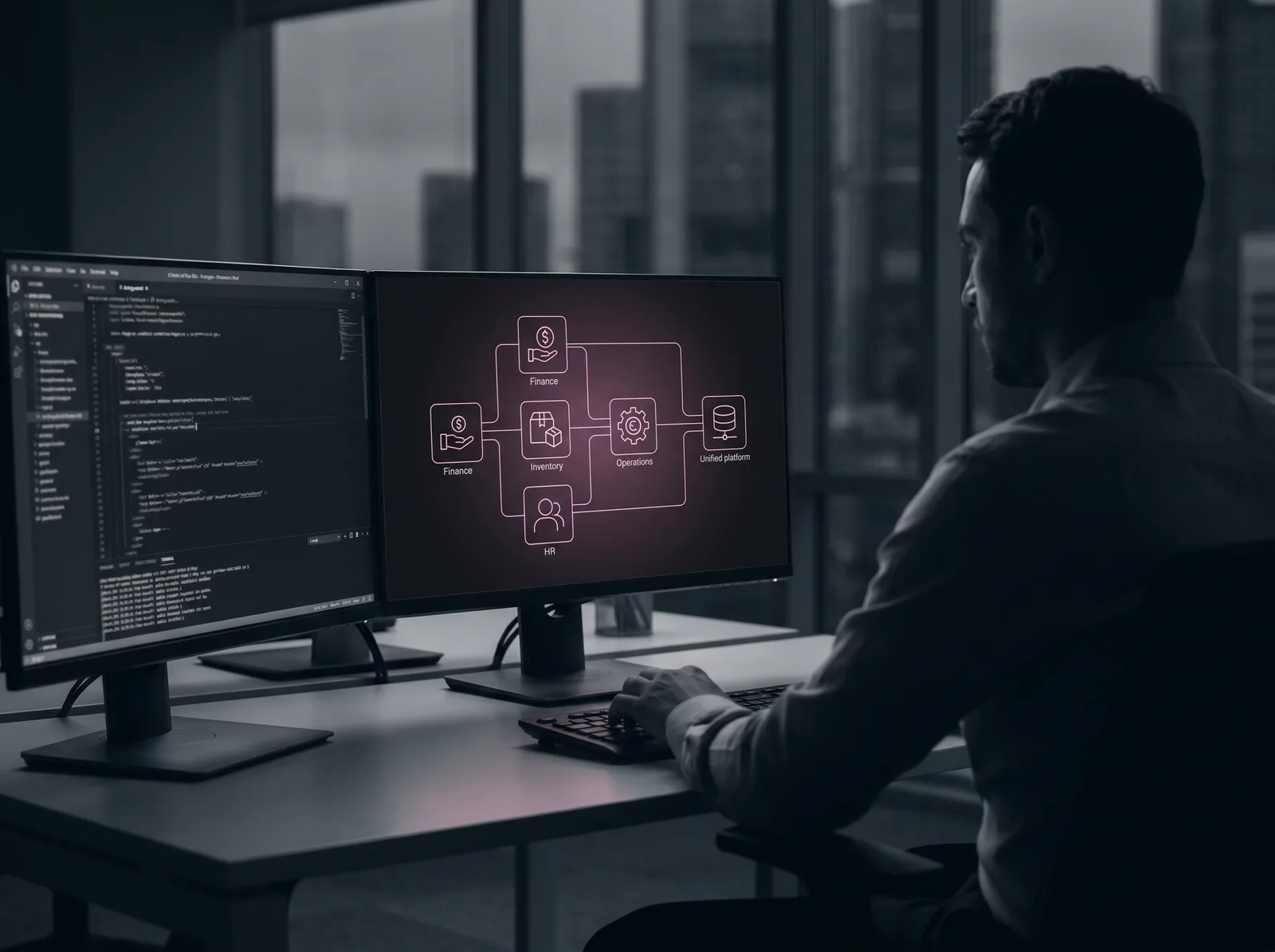 An ERP consultant configuring connected business modules — finance, inventory, operations, and HR — into one unified platform
