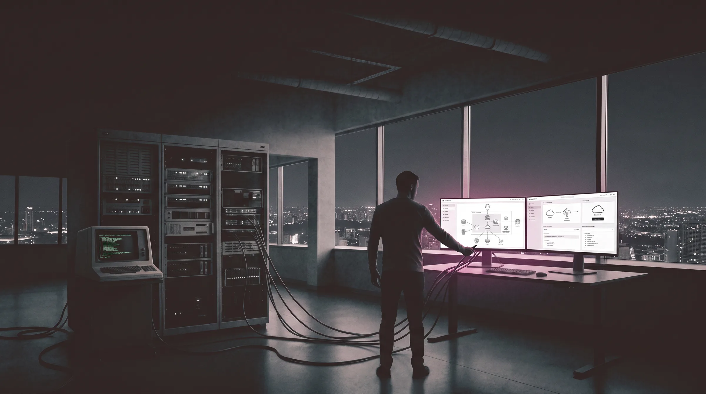 An engineer modernizing a legacy system — old mainframe code refactored into a modern architecture
