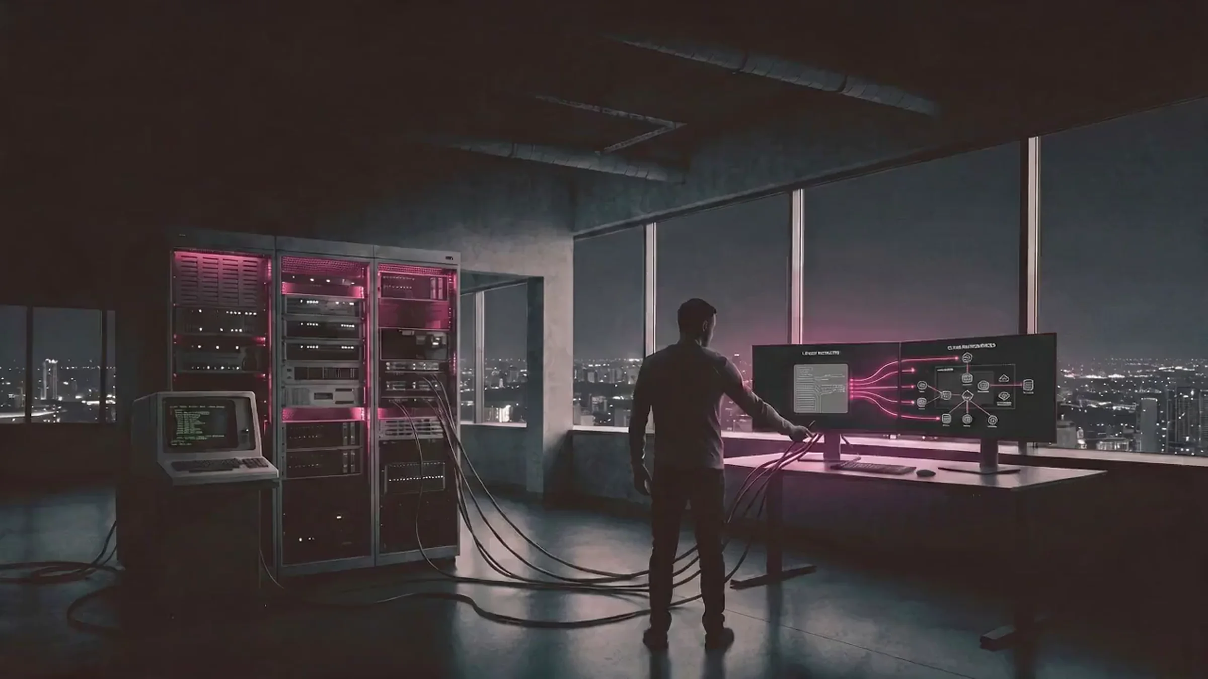 An engineer modernizing a legacy system — old mainframe code refactored into a modern architecture