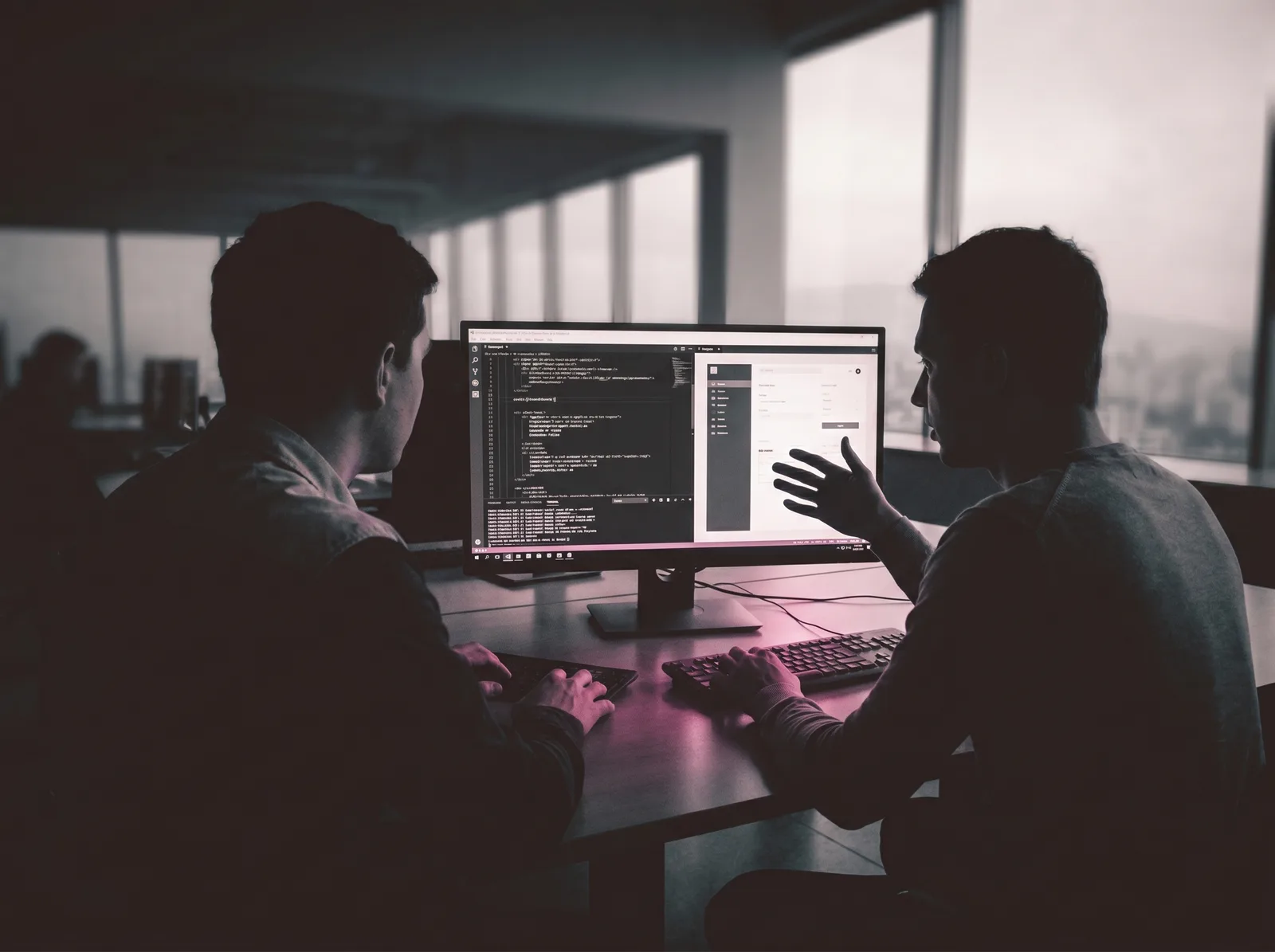 A nearshore engineering pair collaborating in real time on code and UI